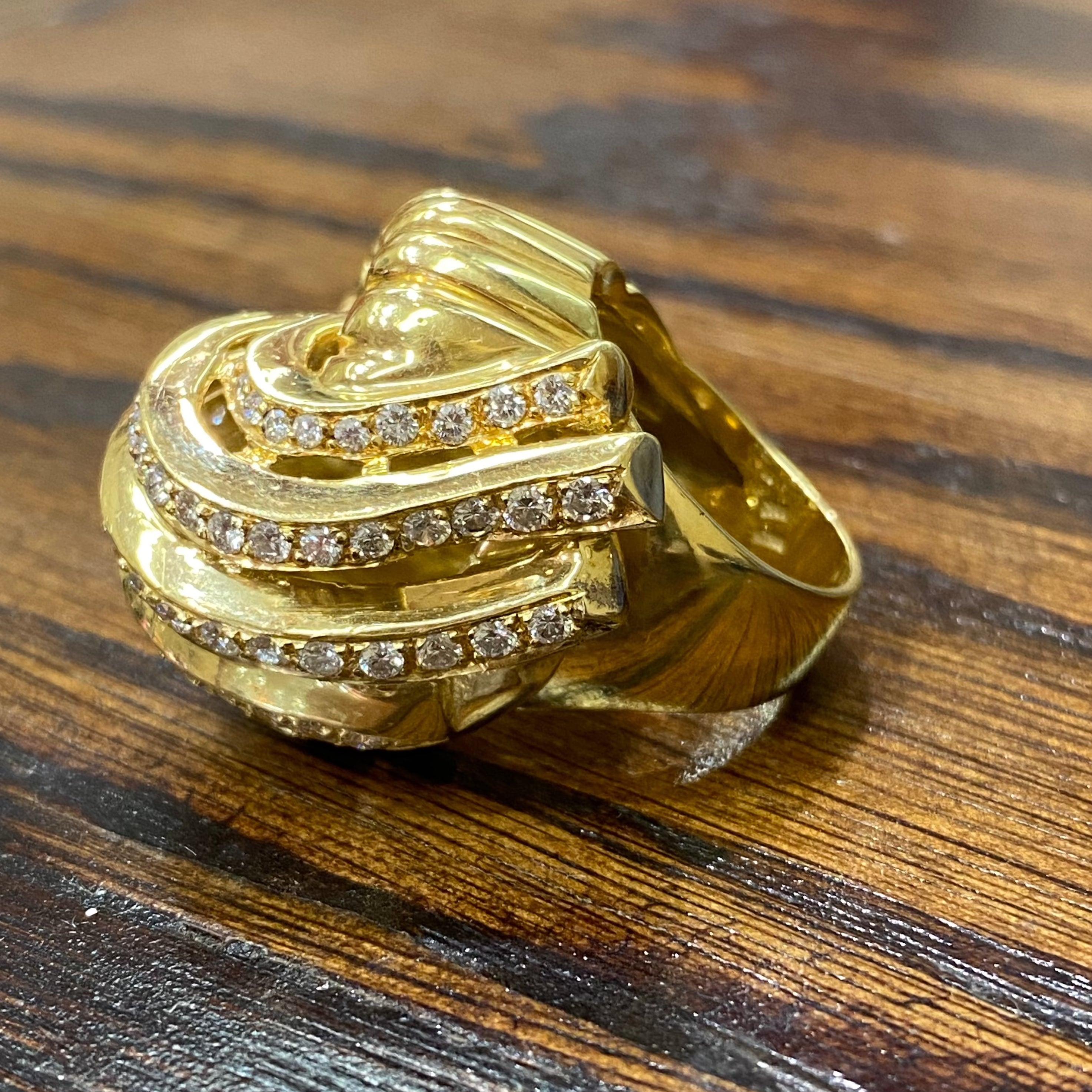 Brilliant Cut Vintage 18K Gold Large Waterfall Diamond Cocktail Ring For Sale