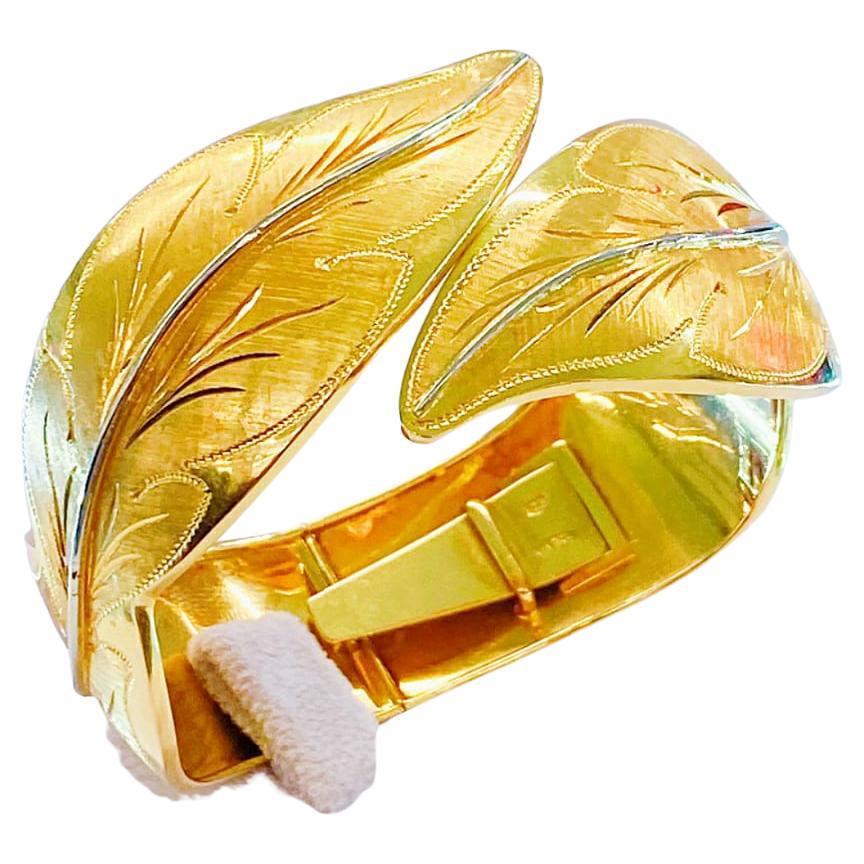 Women's Vintage Leaf Gold Bangle Bracelet For Sale