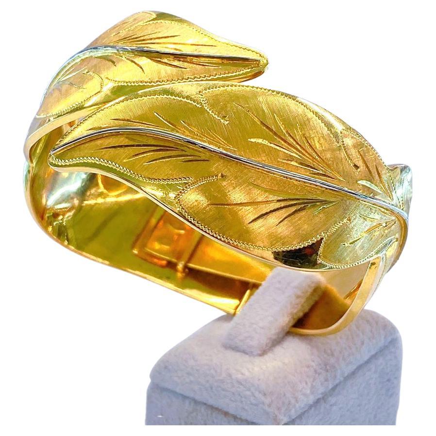 Vintage Leaf Gold Bangle Bracelet For Sale 4