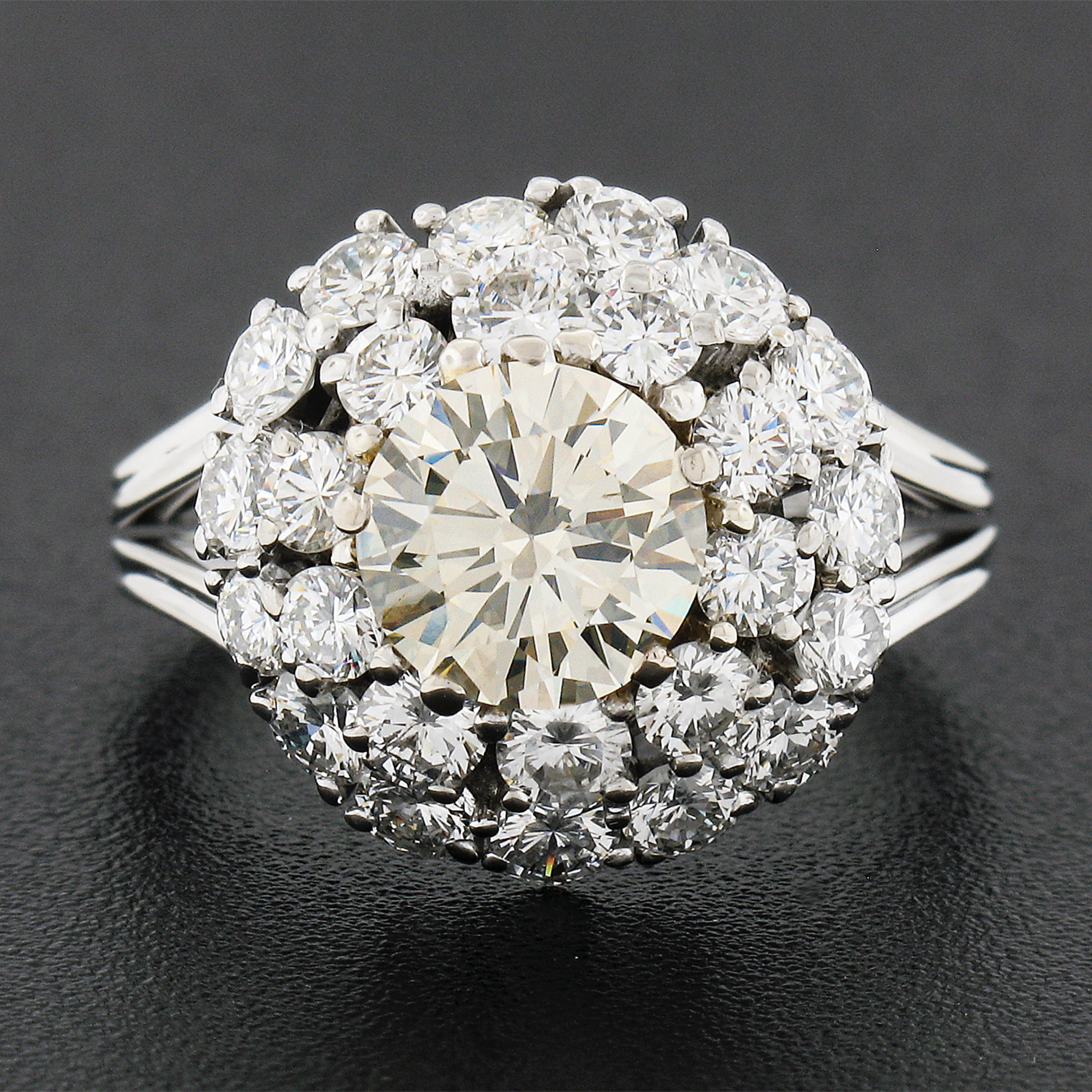 Round Cut Vintage 18k Gold Light Yellow & White Diamond Double Tiered Halo Cluster Ring For Sale