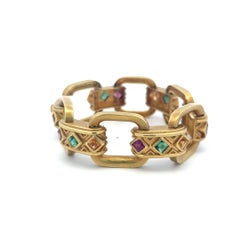 Vintage 18K Gold Link Bracelet with Geometric Gemstones Accents 66.1 Grams