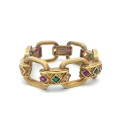 Vintage 18K Gold Link Bracelet with Geometric Gemstones Accents 66.1 Grams