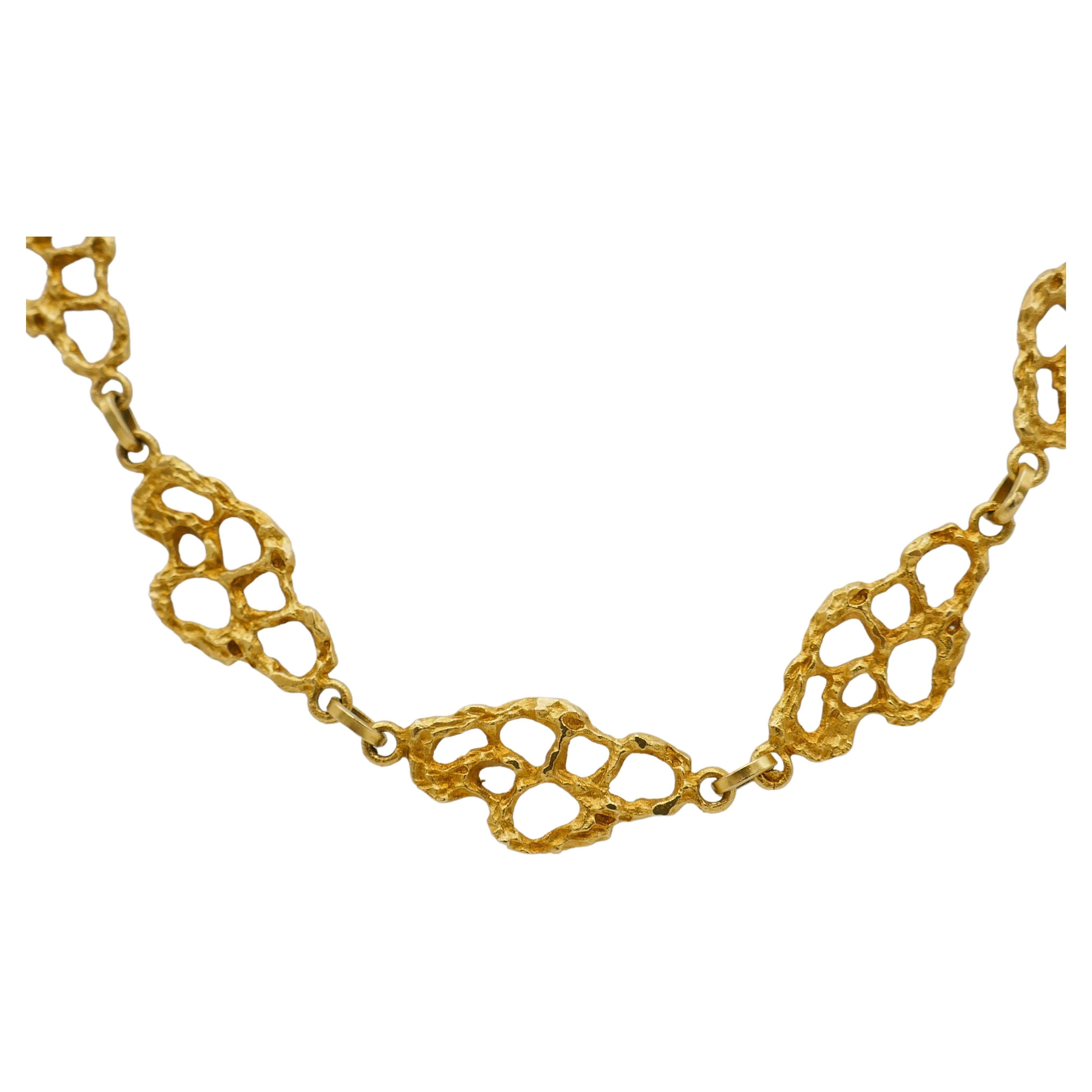 Women's or Men's Vintage 18k Gold Link Necklace, Flat Hammered Gold Italy For Sale