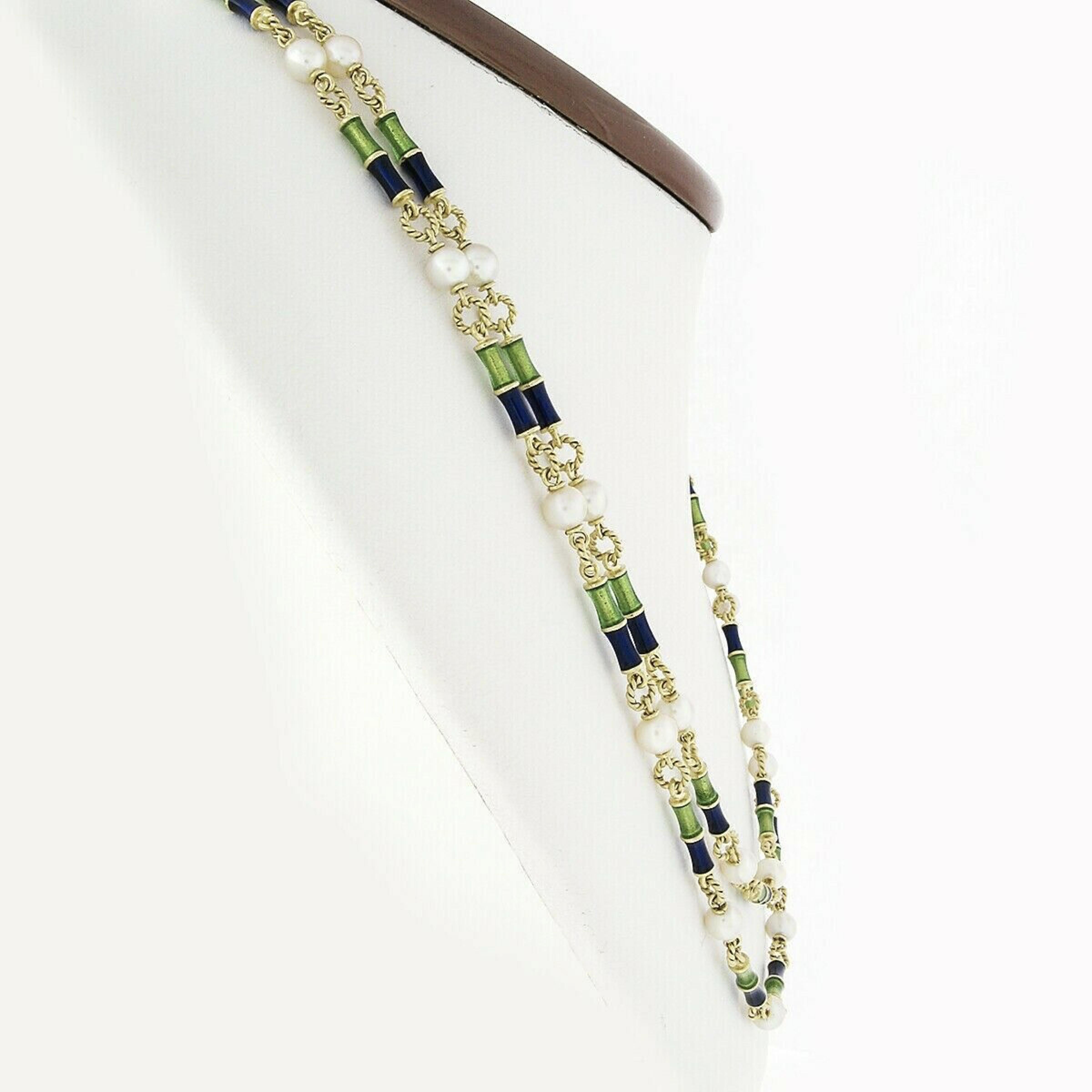 Here we have a beautiful vintage pearl by the yard style necklace that is crafted from solid 18k yellow gold and features blue and green enamel links. The 33 cultured pearls show beautiful white color with beige overtones showing great luster. These