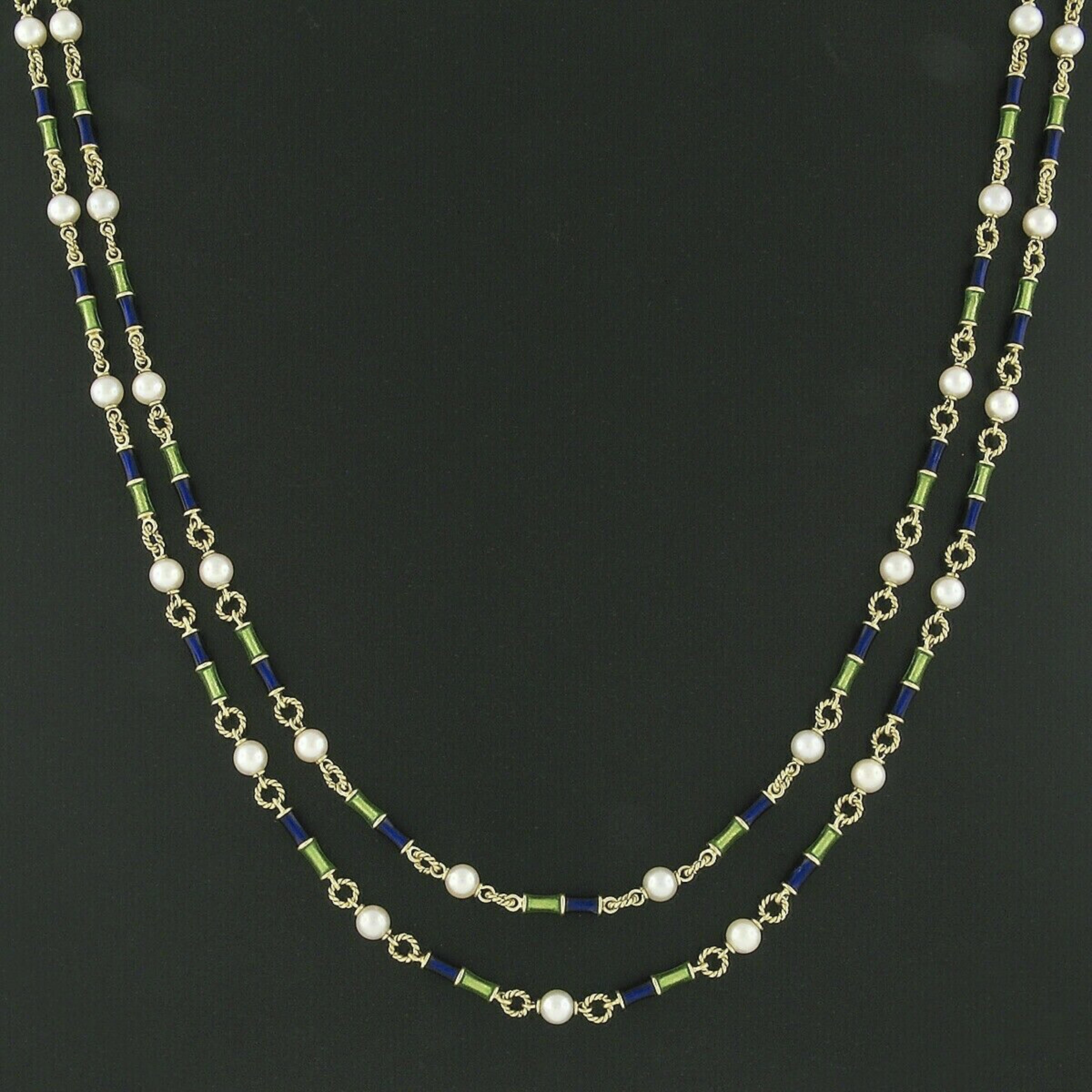Halskette, 18 Karat Gold, lange Emaille, Perle, Yard & gedrehtes Draht, 40 Zoll (Rundschliff)