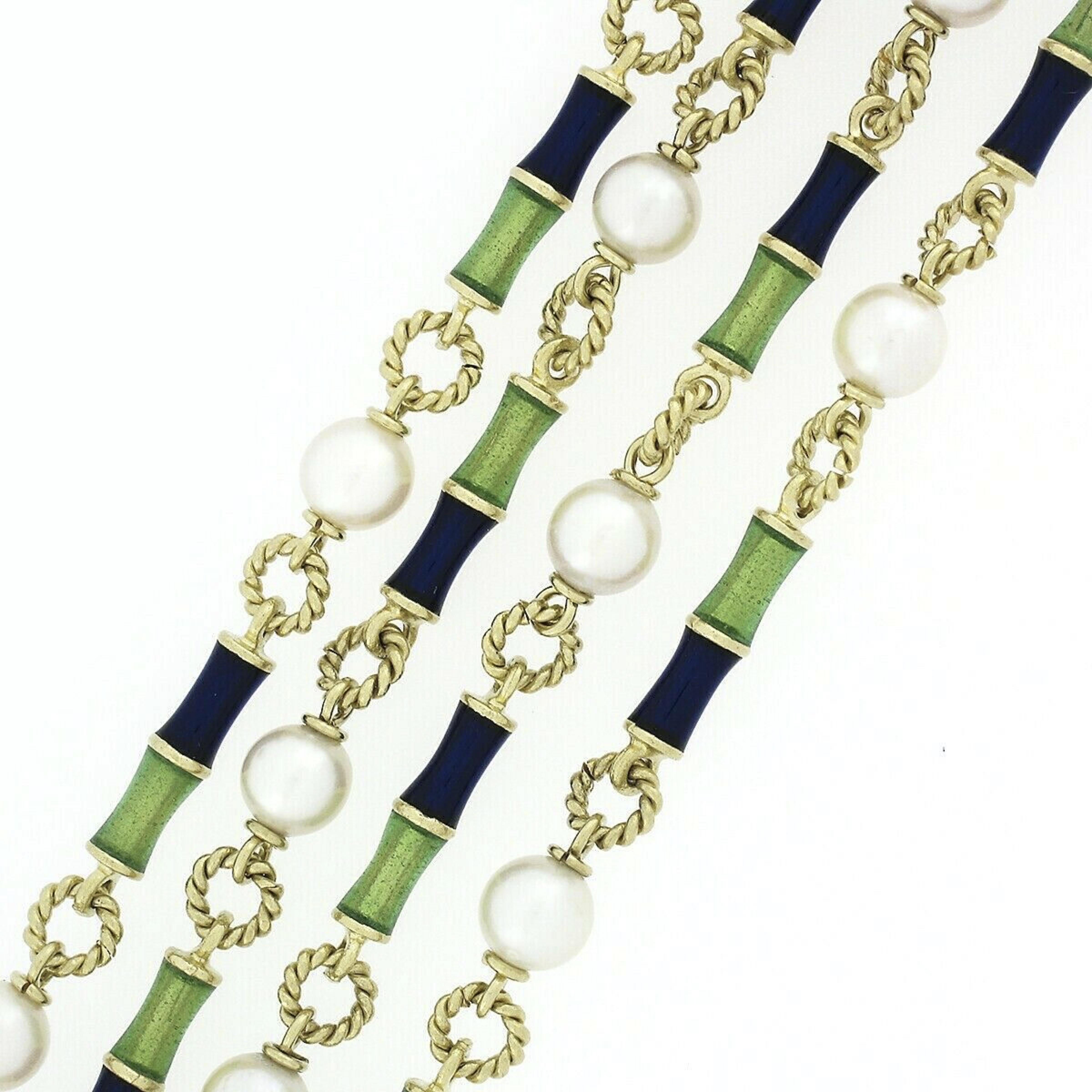 Halskette, 18 Karat Gold, lange Emaille, Perle, Yard & gedrehtes Draht, 40 Zoll 1
