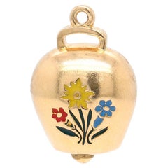 Vintage 18K Gold Lucerne Switzerland Figural Bell with Enamel Flowers Charm