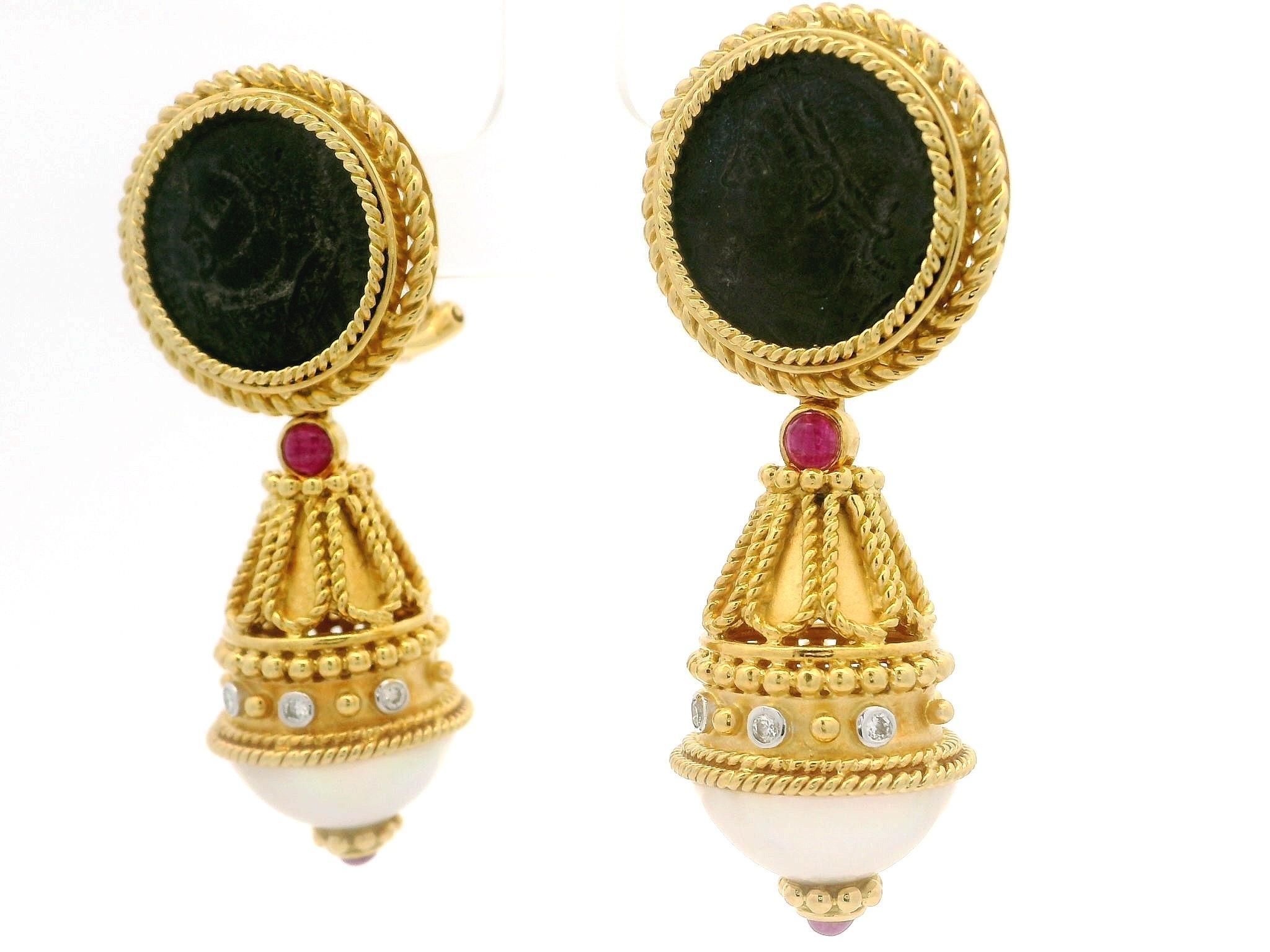 Vintage 18k Gold Mabe Pearl Diamond Ruby & Coin Day Night Dangle Drop Earrings 6