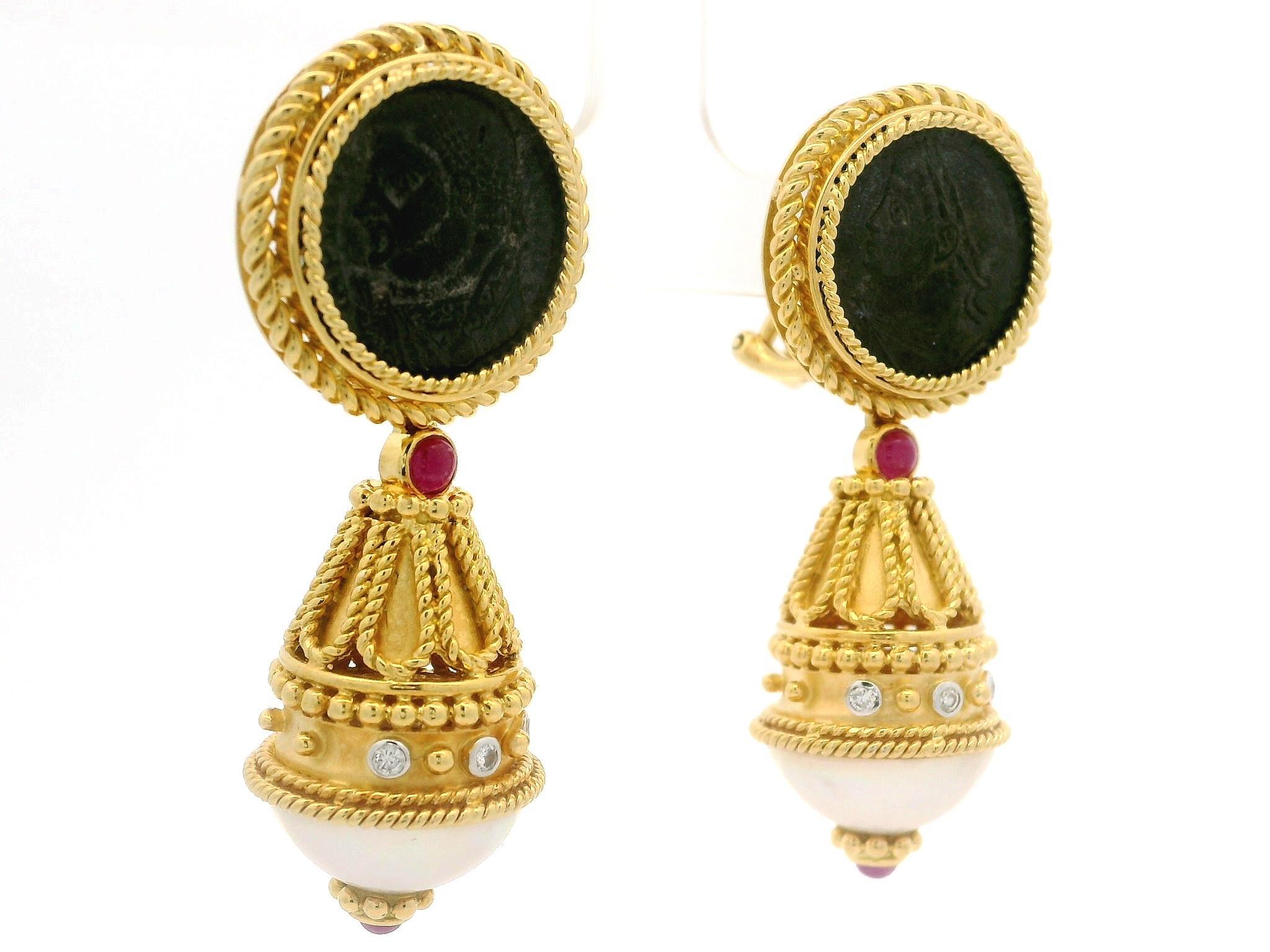 Vintage 18k Gold Mabe Pearl Diamond Ruby & Coin Day Night Dangle Drop Earrings 9