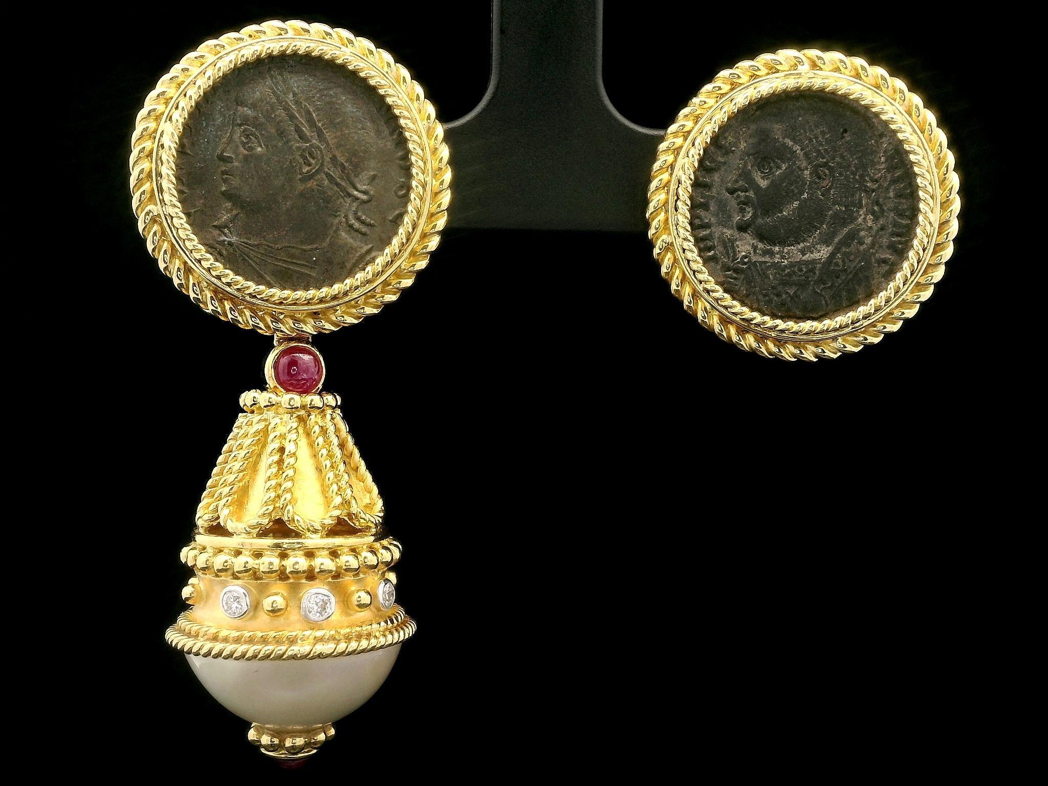 Vintage 18k Gold Mabe Pearl Diamond Ruby & Coin Day Night Dangle Drop Earrings In Good Condition In Montclair, NJ