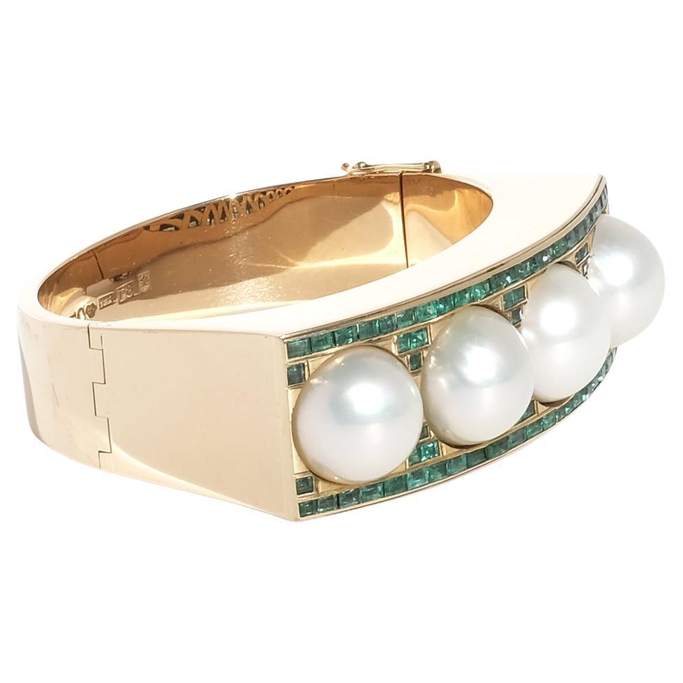 Vintage 18K Gold, Mabé Pearls and Emeralds Bracelet by Sigurd Persson Made 1945