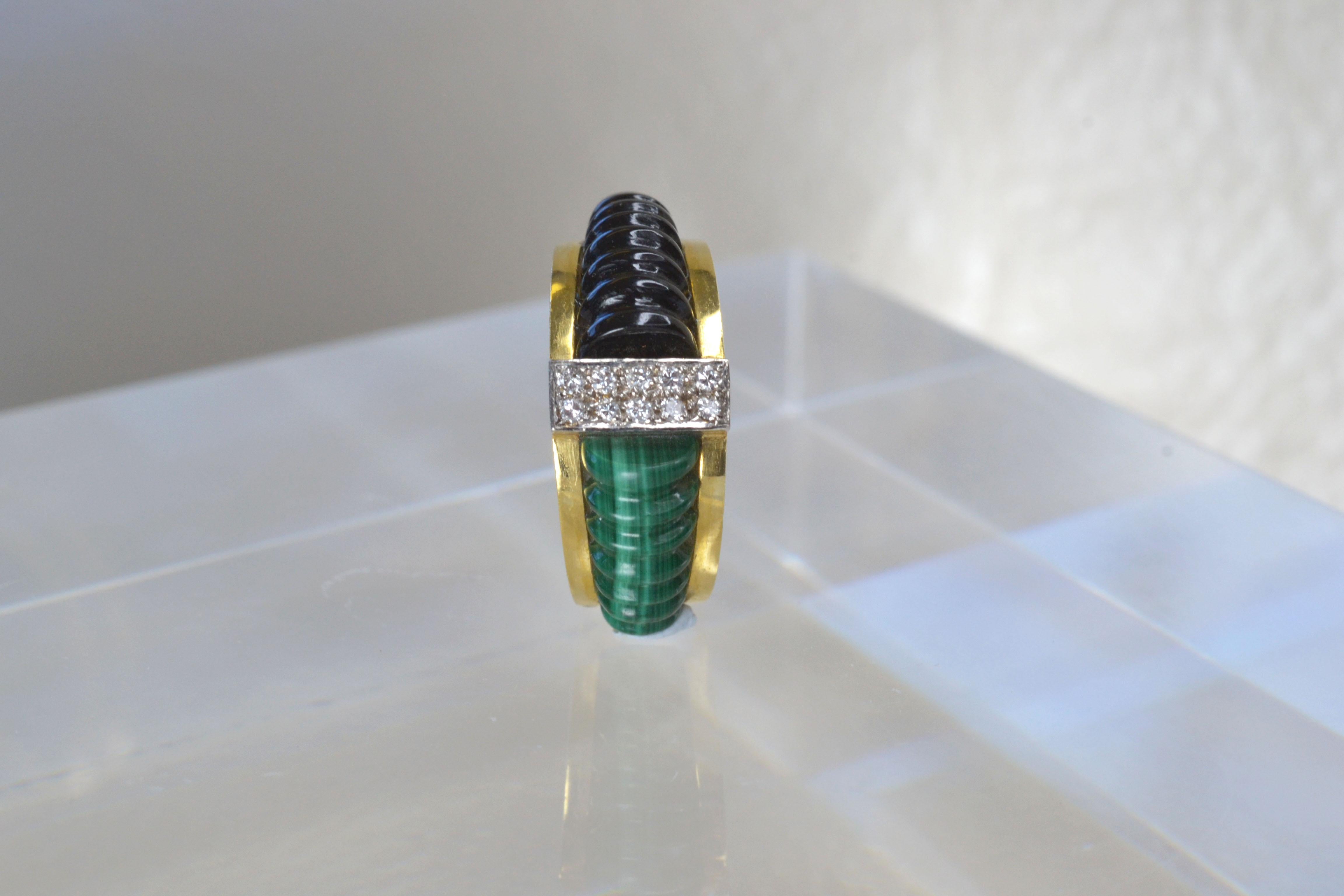 Modern Vintage 18k Gold Malachite and Onyx Ring with Diamonds, One-of-a-kind For Sale