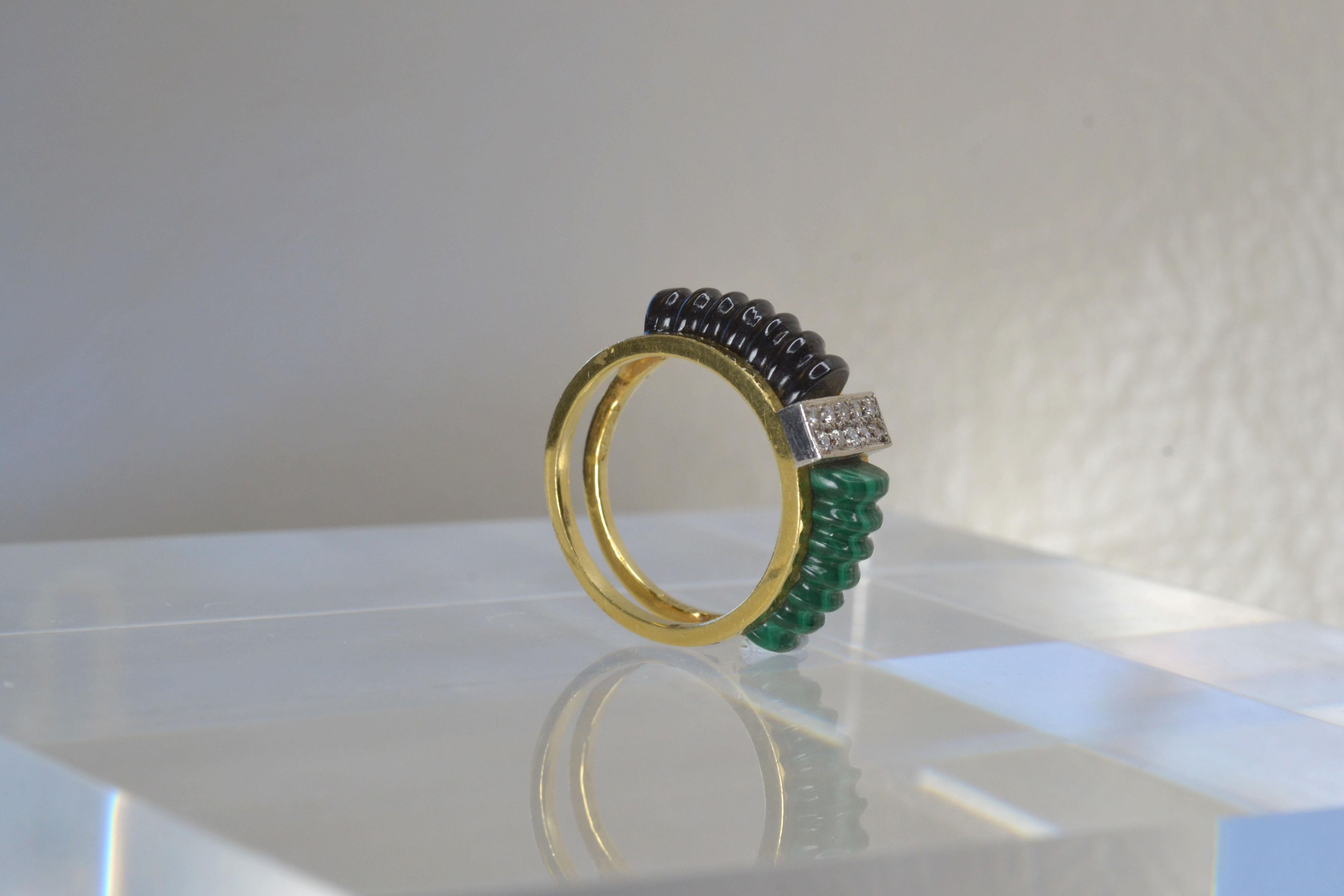 Women's Vintage 18k Gold Malachite and Onyx Ring with Diamonds, One-of-a-kind For Sale
