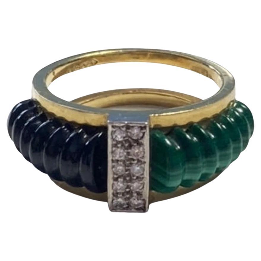 Vintage 18k Gold Malachite and Onyx Ring with Diamonds, One-of-a-kind For Sale
