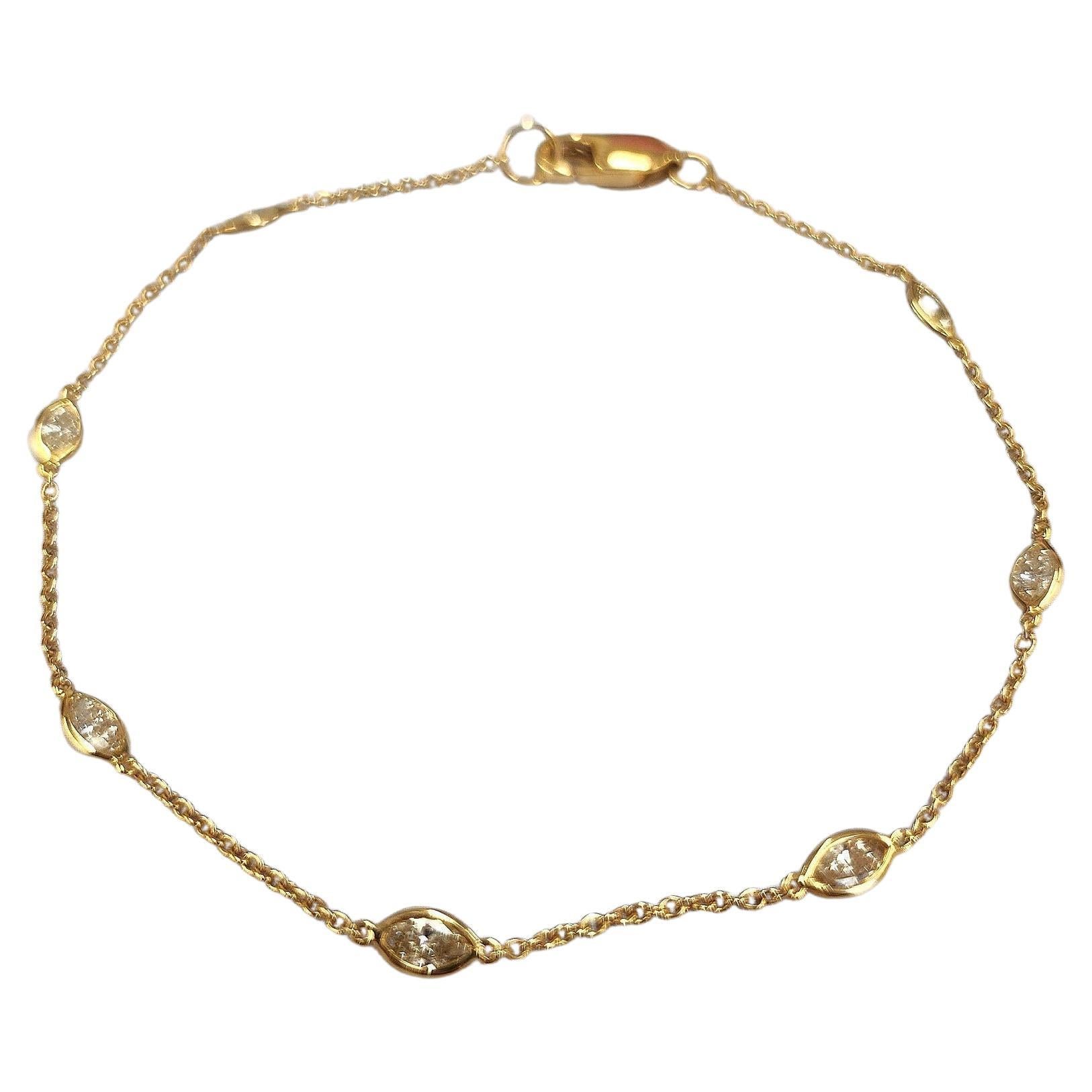 Vintage 18K Gold  Marquise Diamond Bezel Set Chain Link Bracelet For Sale