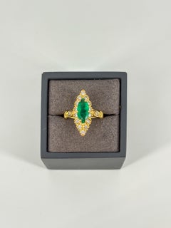 Vintage 18k Gold Marquise Emerald and Diamond Halo Méditerranée Cocktail Ring