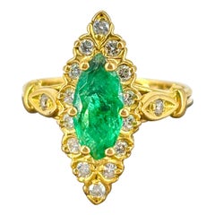 Vintage 18k Gold Marquise Emerald and Diamond Halo Méditerranée Cocktail Ring