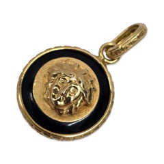 Vintage 18K Gold Medusa Black Enamel Round Pendant — Italian Revival Style