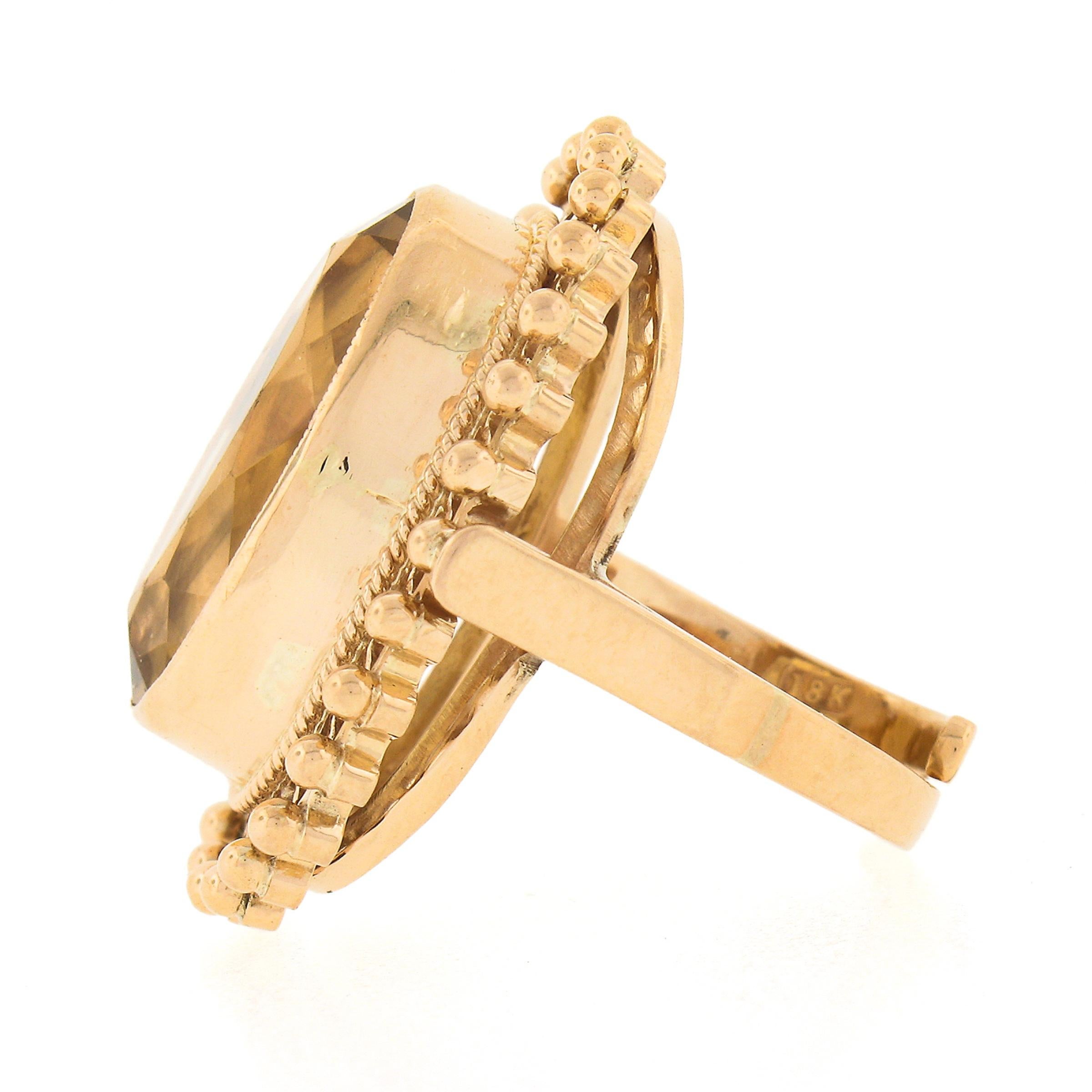 Women's Vintage 18k Gold Milgrain Bezel Oval Citrine Open Work Beaded Large Platter Ring For Sale