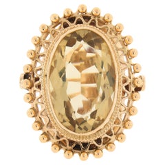 Großer Vintage-Plattenring aus 18 Karat Gold mit Milgrain-Lünette und ovalem Citrin mit durchbrochenen Perlen