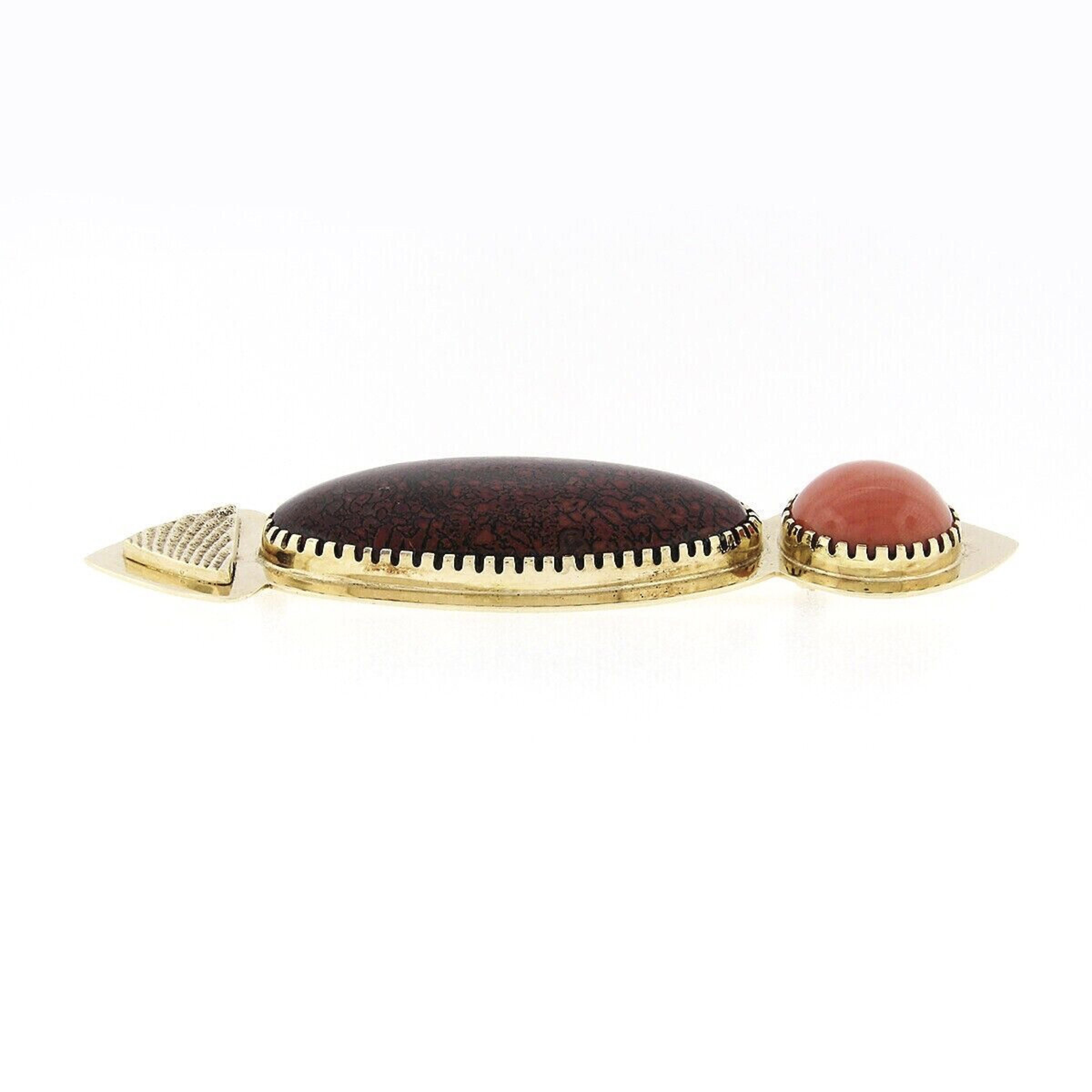 Vintage 18k Gold Multi Prong Agate & Cabochon Coral Modernist Large Brooch Pin For Sale 1