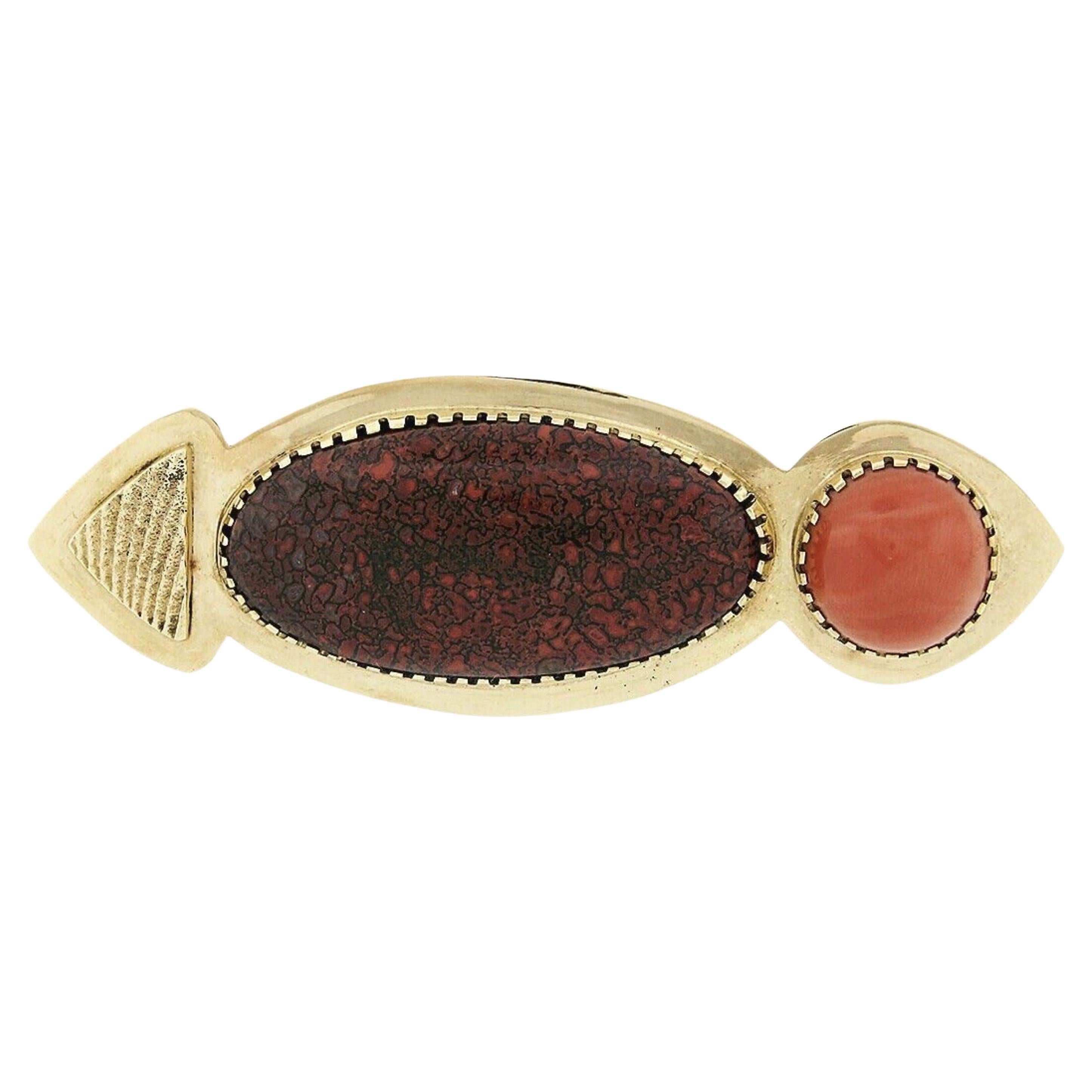 Vintage 18k Gold Multi Prong Agate & Cabochon Coral Modernist Large Brooch Pin For Sale