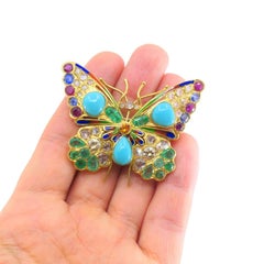 Vintage 18k Gold Multigem Butterfly Brooch Statement Insect Jewelry