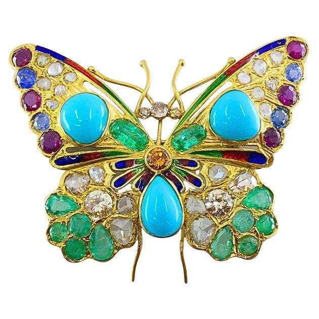 Vintage 18k Gold Multigem Butterfly Brooch Statement Insect Jewelry en vente