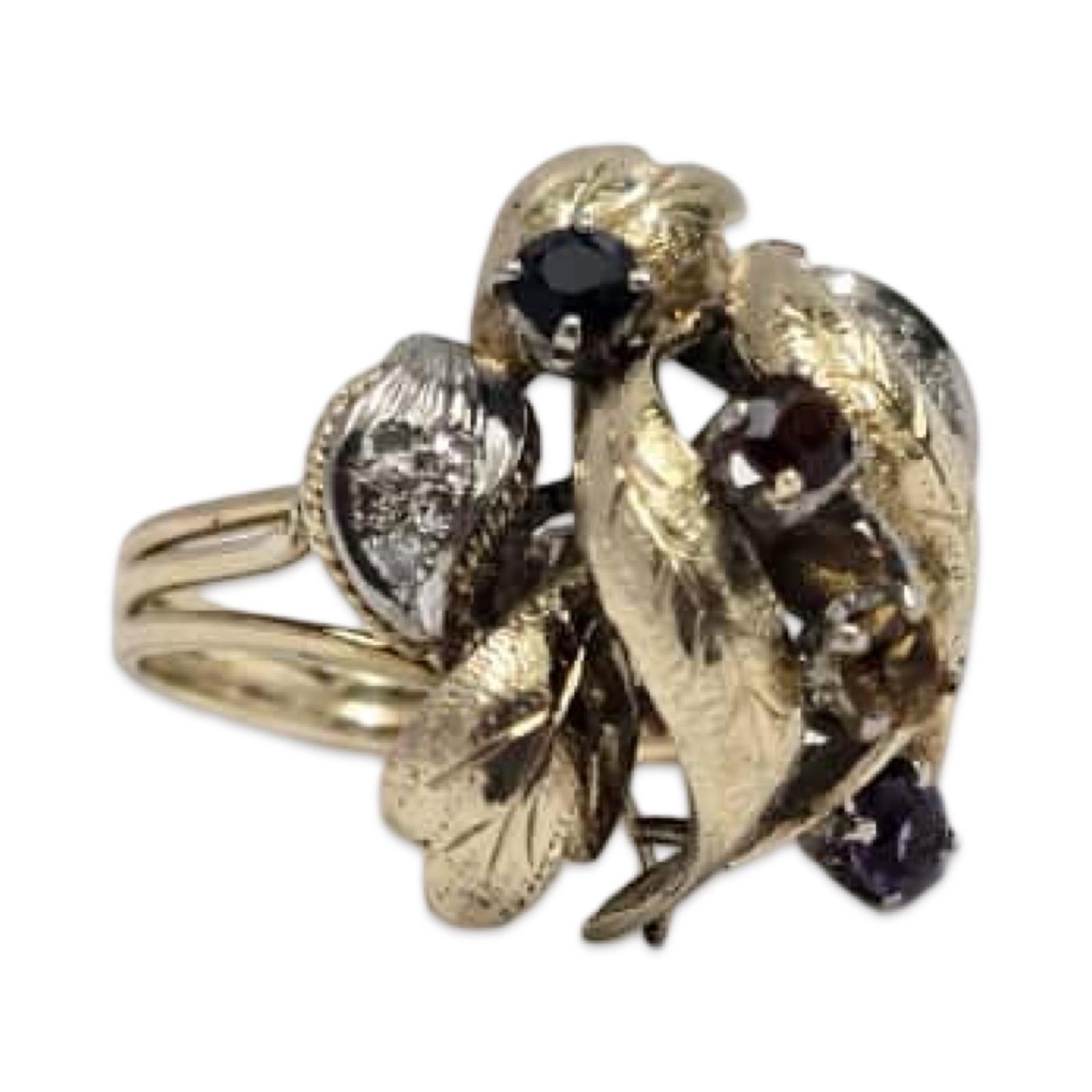 Anello floreale multigem e diamante d'epoca in oro 18K in vendita 6