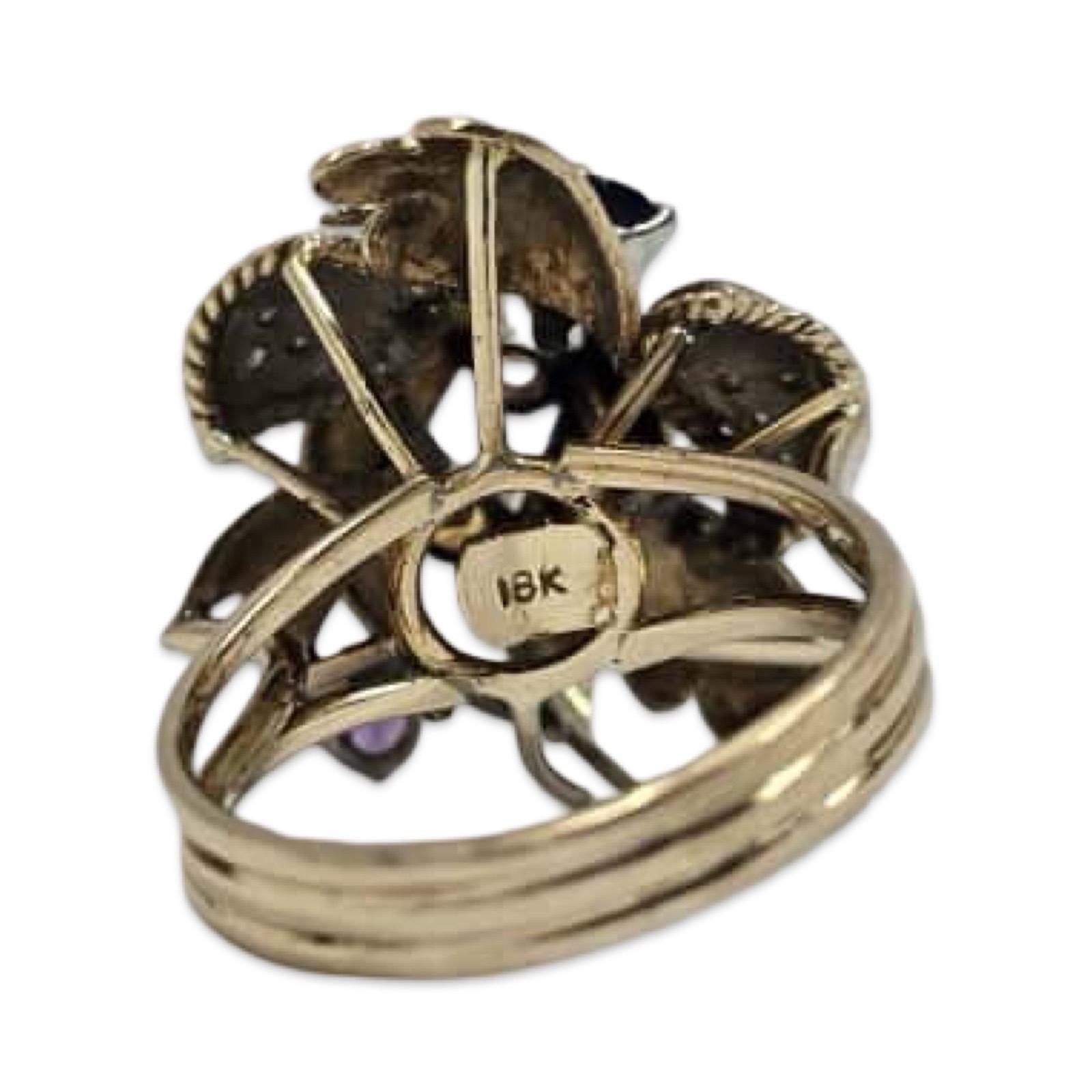 Anello floreale multigem e diamante d'epoca in oro 18K In condizioni buone in vendita a Miami, FL