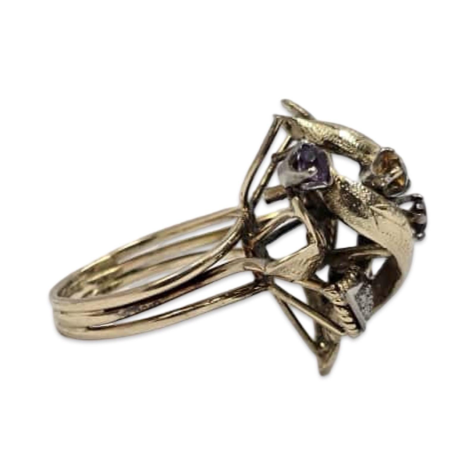 Anello floreale multigem e diamante d'epoca in oro 18K in vendita 1