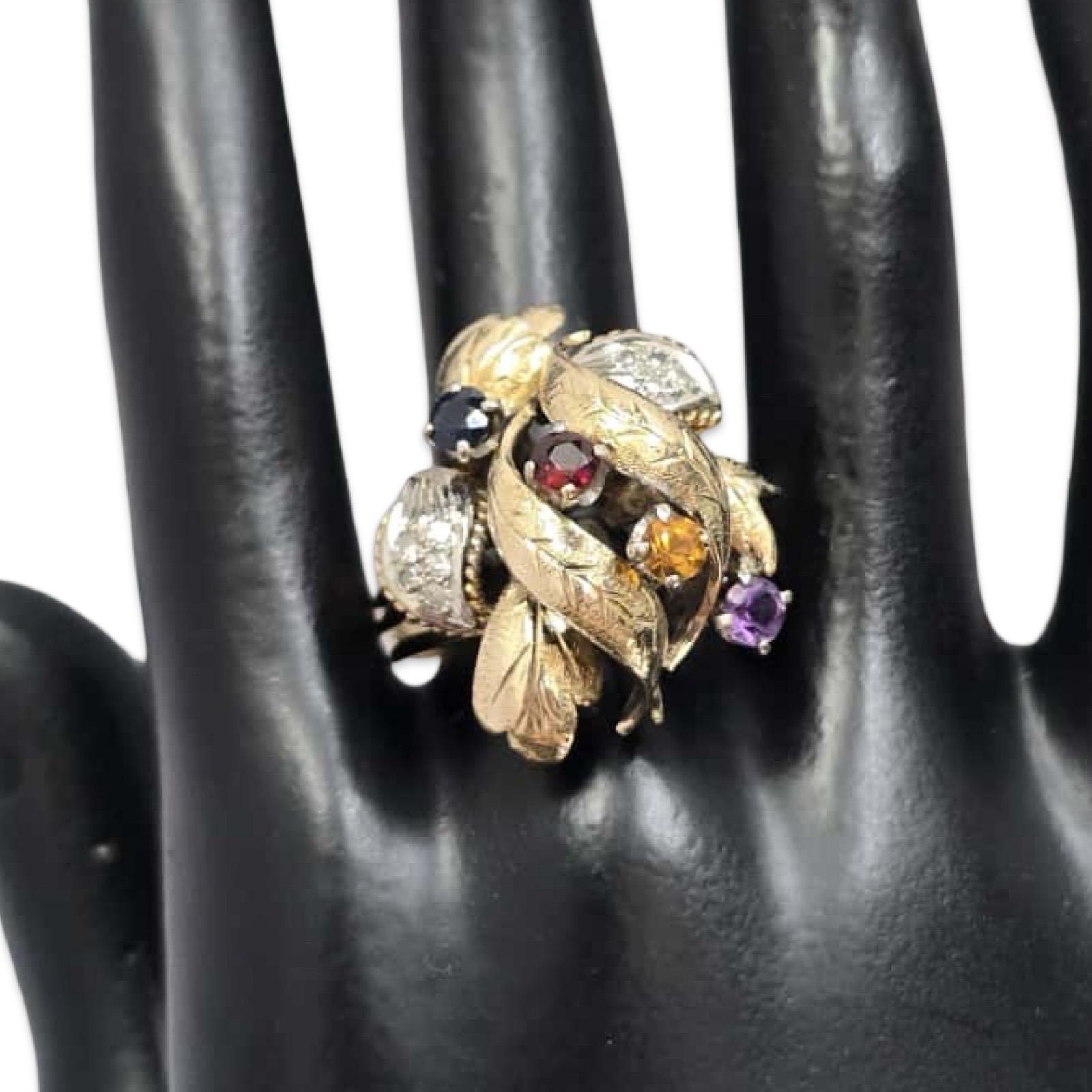 Anello floreale multigem e diamante d'epoca in oro 18K in vendita 2