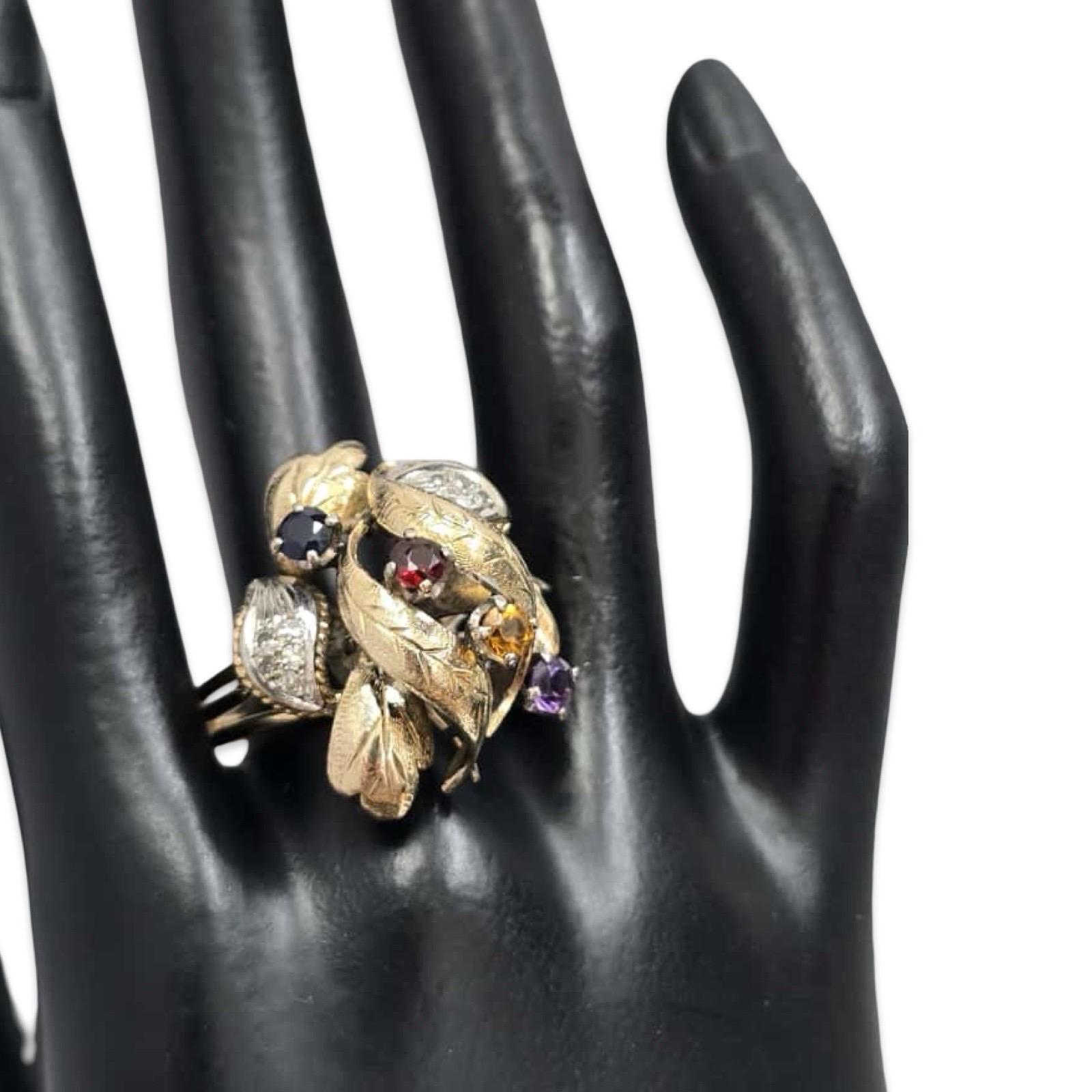 Anello floreale multigem e diamante d'epoca in oro 18K in vendita 3