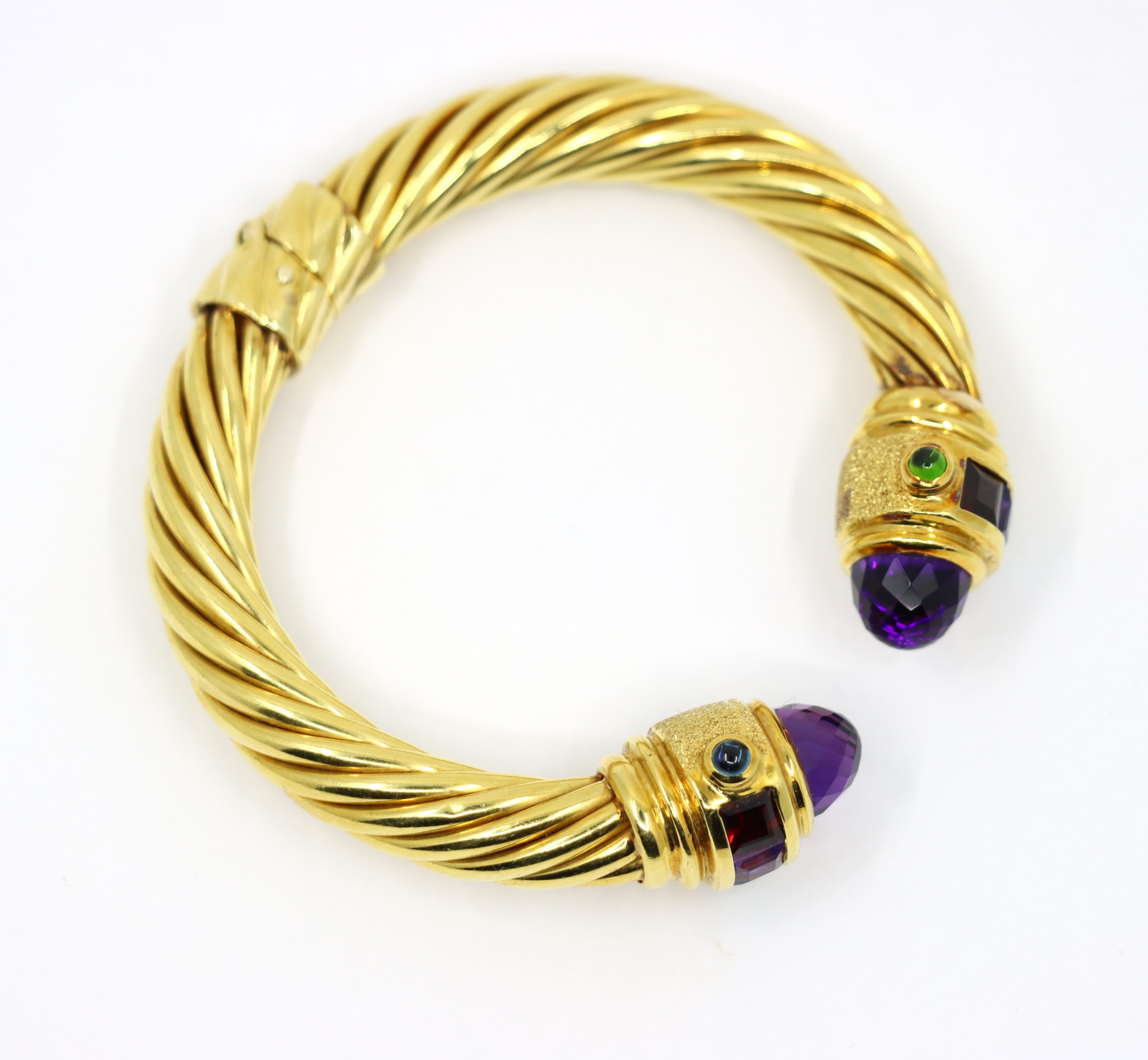 Women's or Men's Vintage 18K Gold Muti-Gem Renaissance Cable Bracelet For Sale