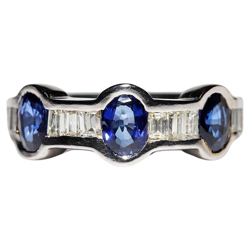 Vintage 18k Gold Natural Baguette Cut Diamond And Sapphire Decorated Ring