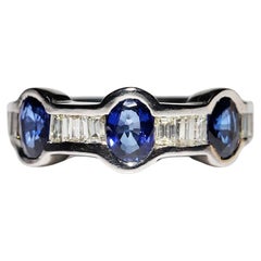 Vintage 18k Gold Natural Baguette Cut Diamond And Sapphire Decorated Ring