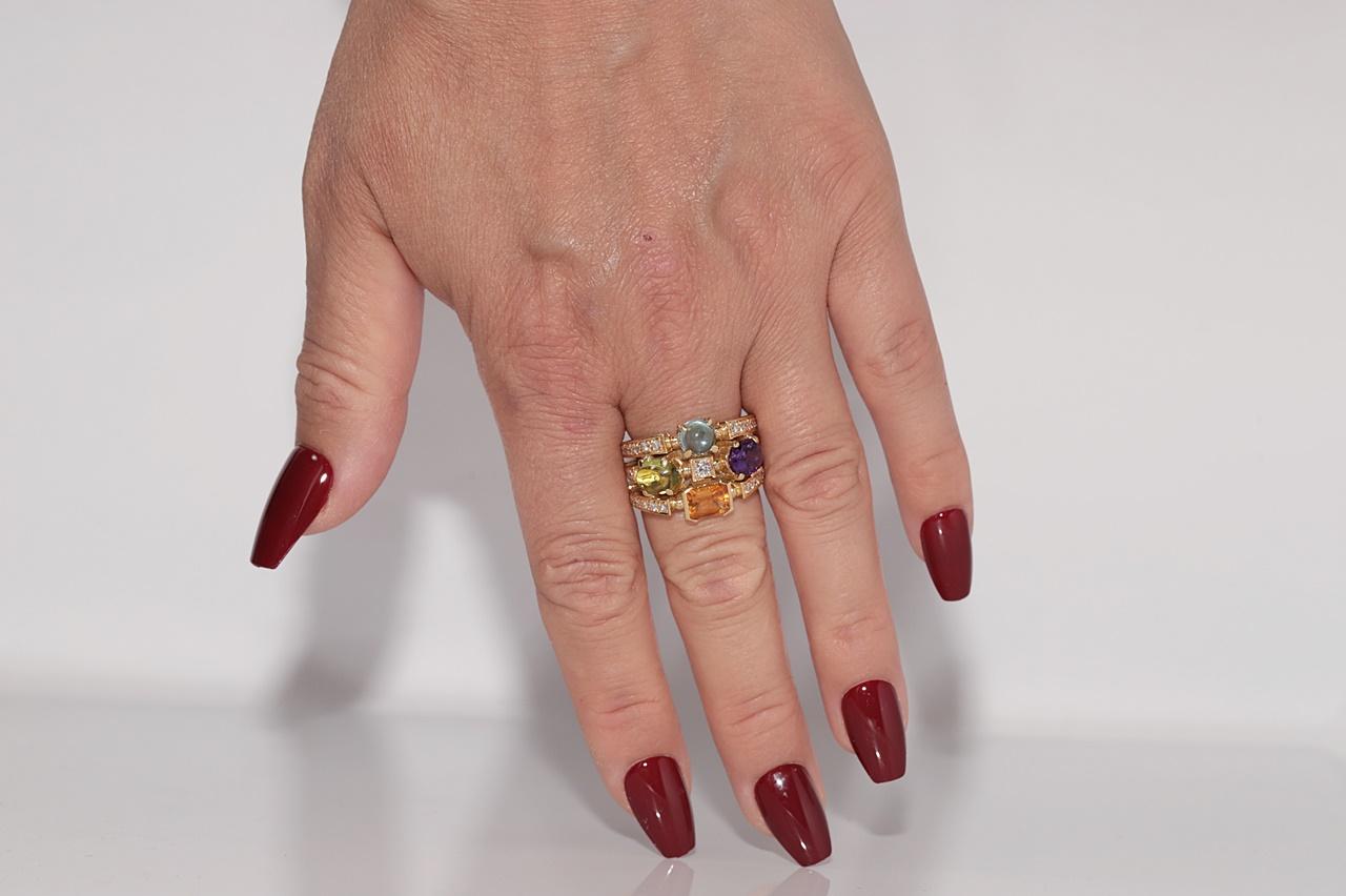 In very good condition.
Total weight is 17 grams.
Totally is diamond 0.60 ct.
Totally is gemstone Amethyst,Blue Topaz,Perido,Yellow Topaz about 5 ct.
Ring size is US 8
We can make any size.
Please contact for any questions.