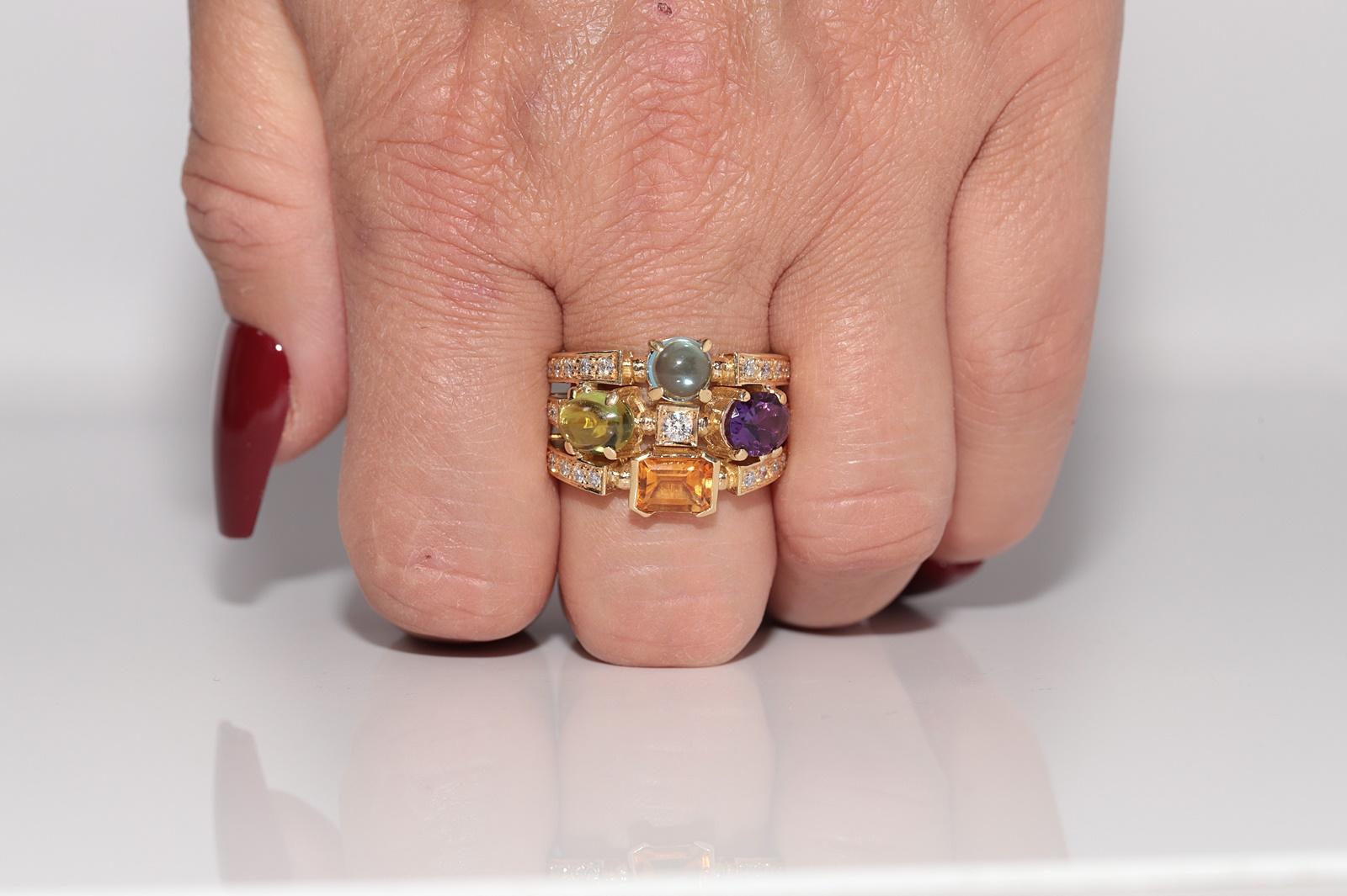 Retro Vintage 18k Gold Natural Diamond And Amethyst Blue Topaz And Peridot Ring For Sale