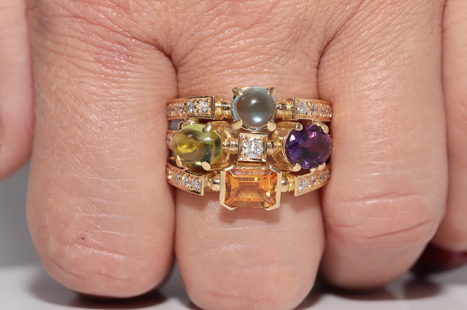 Vintage 18k Gold Natürlicher Diamant und Amethyst Blauer Topas und Peridot Ring (Brillantschliff) im Angebot