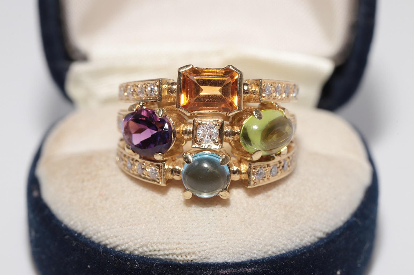 Vintage 18k Gold Natürlicher Diamant und Amethyst Blauer Topas und Peridot Ring Damen im Angebot