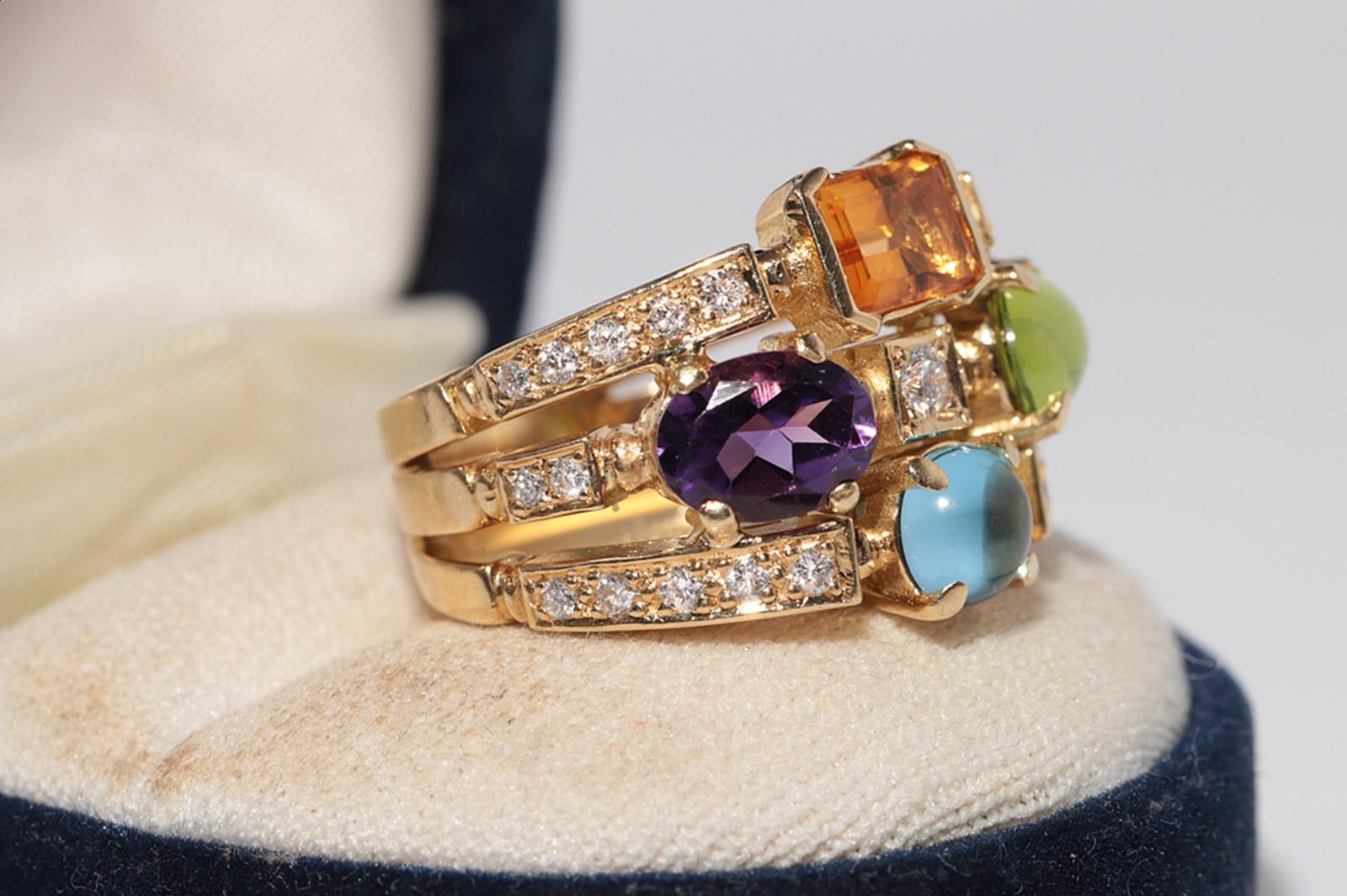 Vintage 18k Gold Natürlicher Diamant und Amethyst Blauer Topas und Peridot Ring im Angebot 1