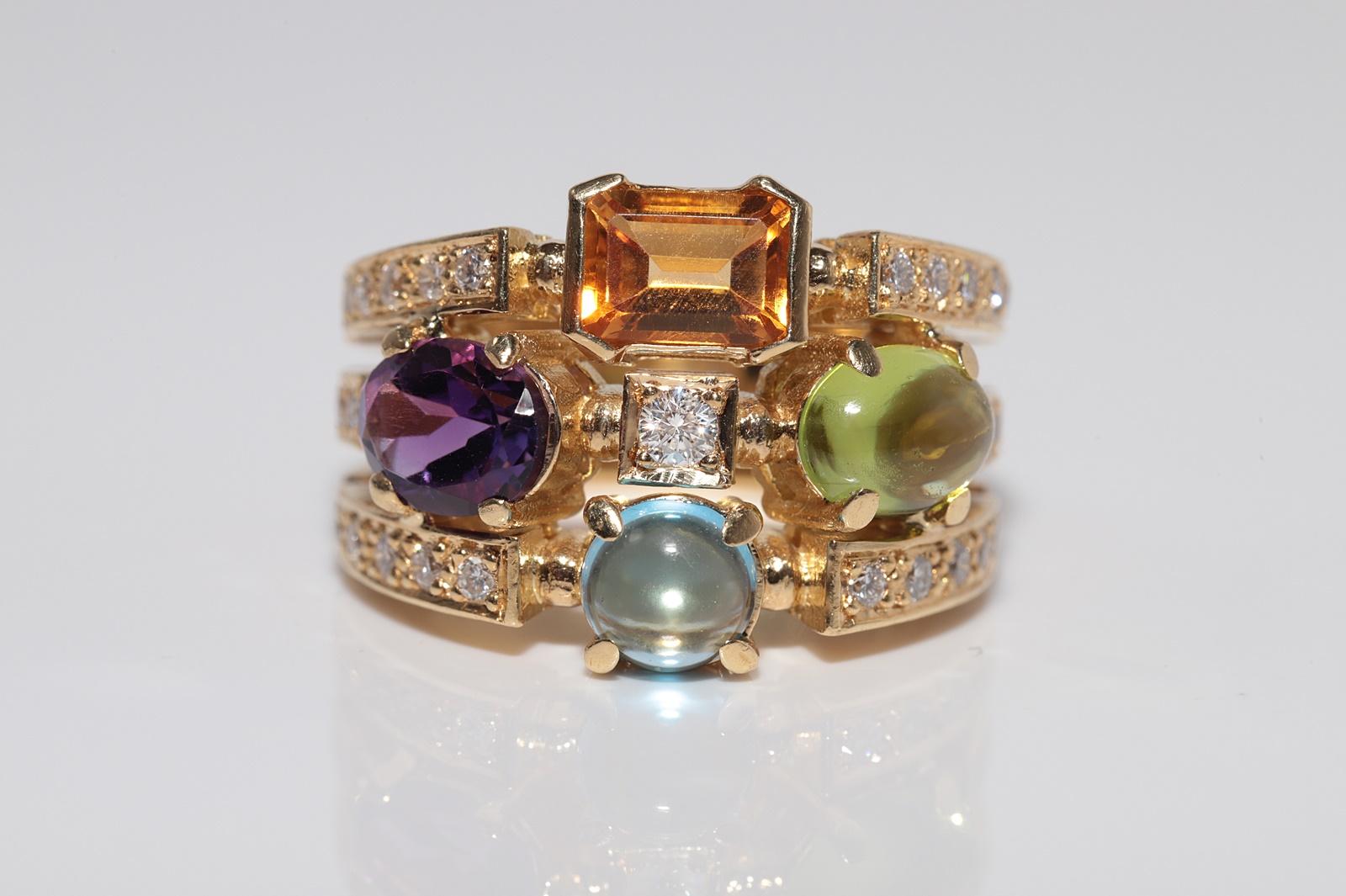 Vintage 18k Gold Natural Diamond And Amethyst Blue Topaz And Peridot Ring For Sale 2