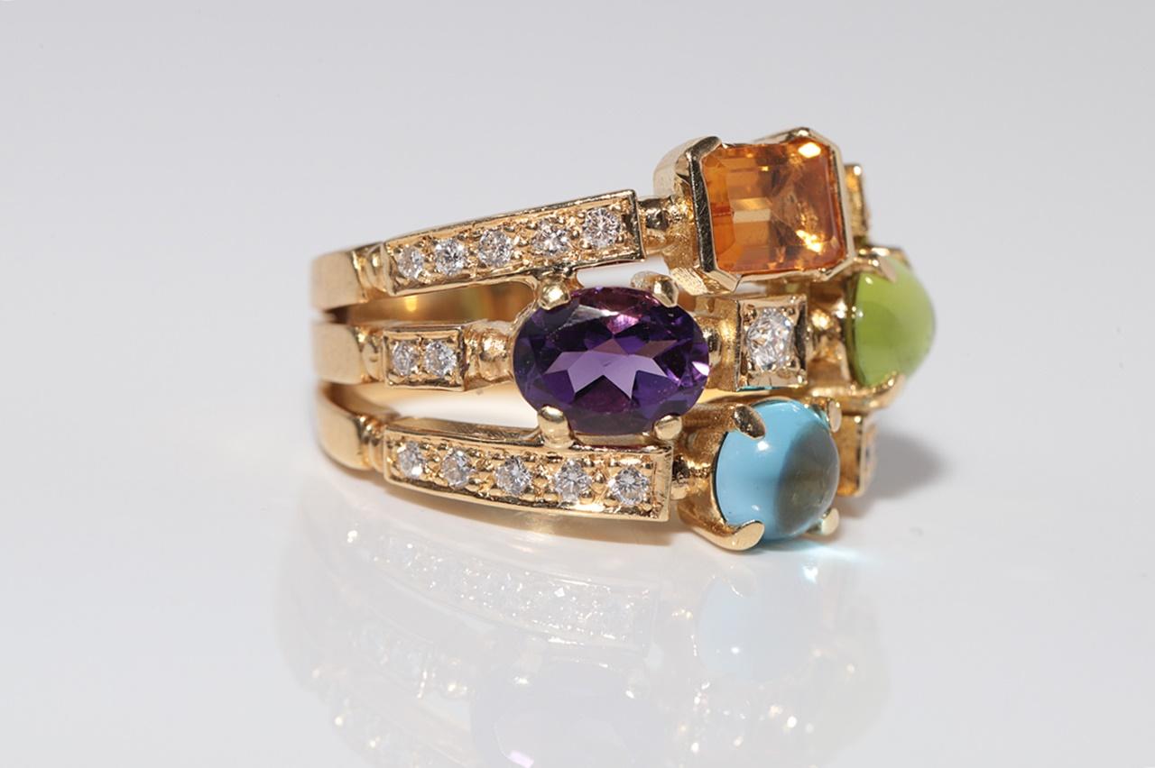 Vintage 18k Gold Natural Diamond And Amethyst Blue Topaz And Peridot Ring For Sale 3