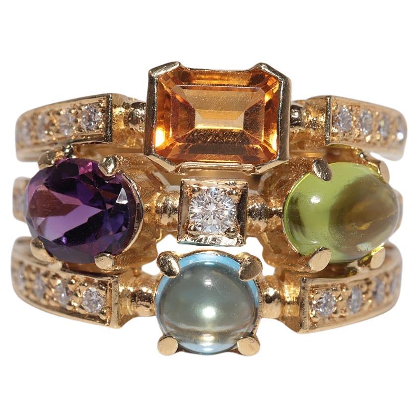 Vintage 18k Gold Natürlicher Diamant und Amethyst Blauer Topas und Peridot Ring
