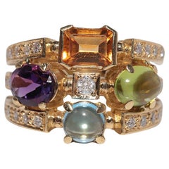 Vintage 18k Gold Natural Diamond And Amethyst Blue Topaz And Peridot Ring