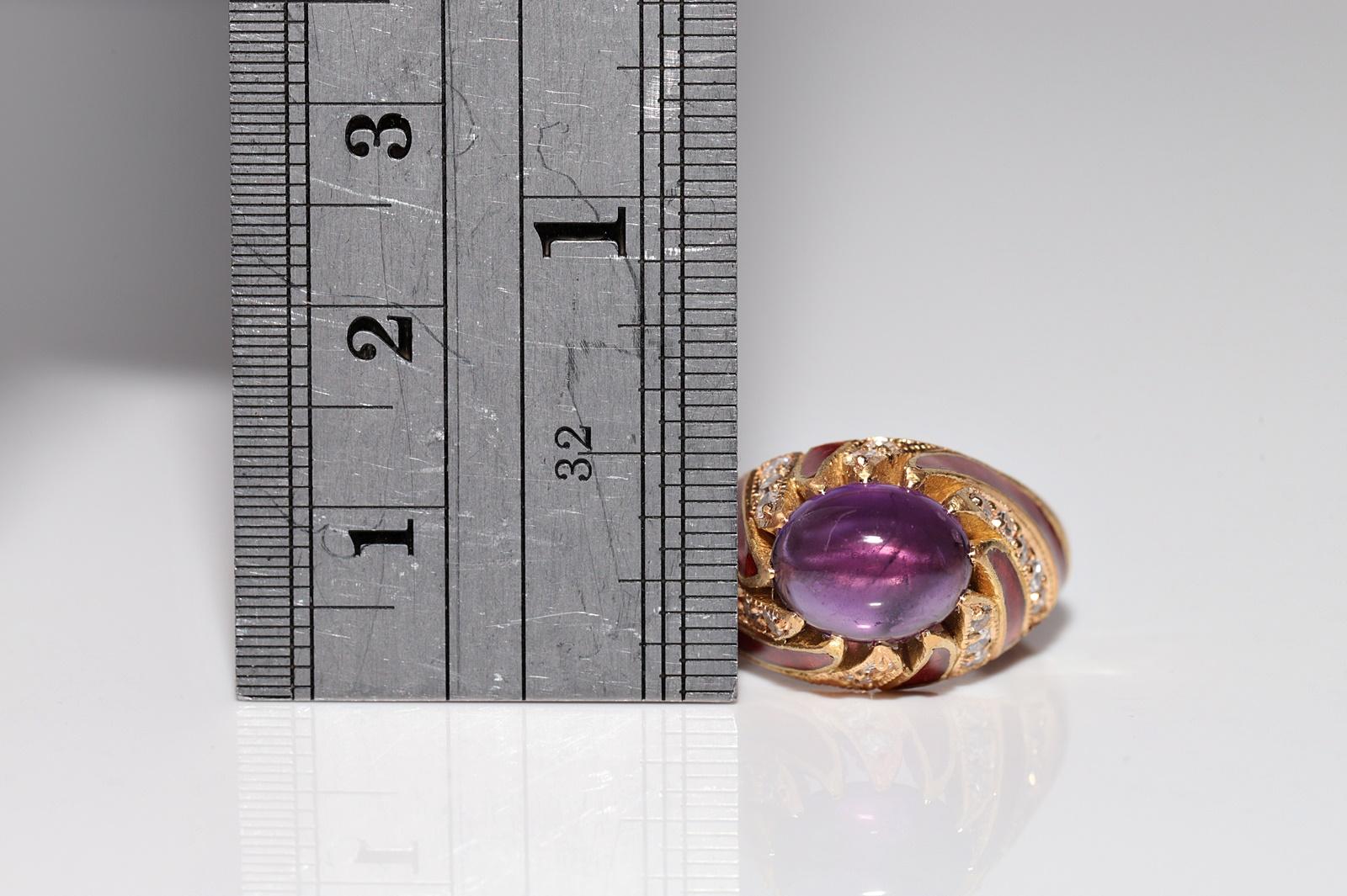 Anillo vintage de oro de 18k con diamante natural y amatista decorada con esmalte en venta 4
