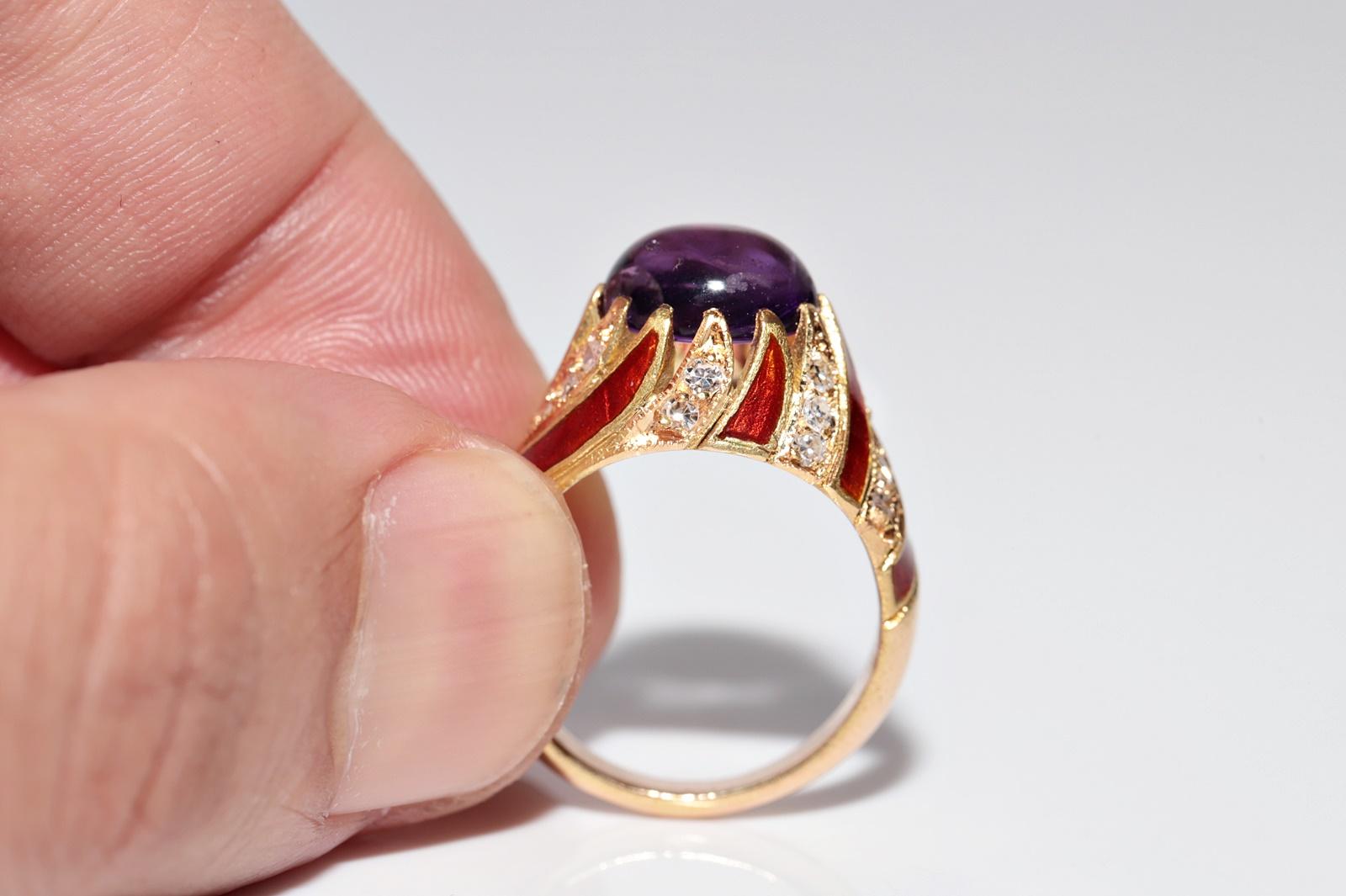 Anillo vintage de oro de 18k con diamante natural y amatista decorada con esmalte en venta 6