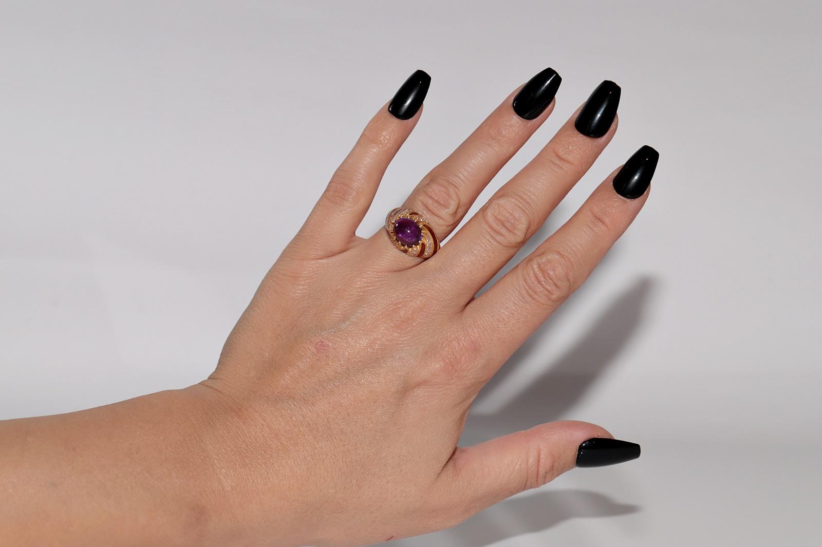 Anillo vintage de oro de 18k con diamante natural y amatista decorada con esmalte en venta 7