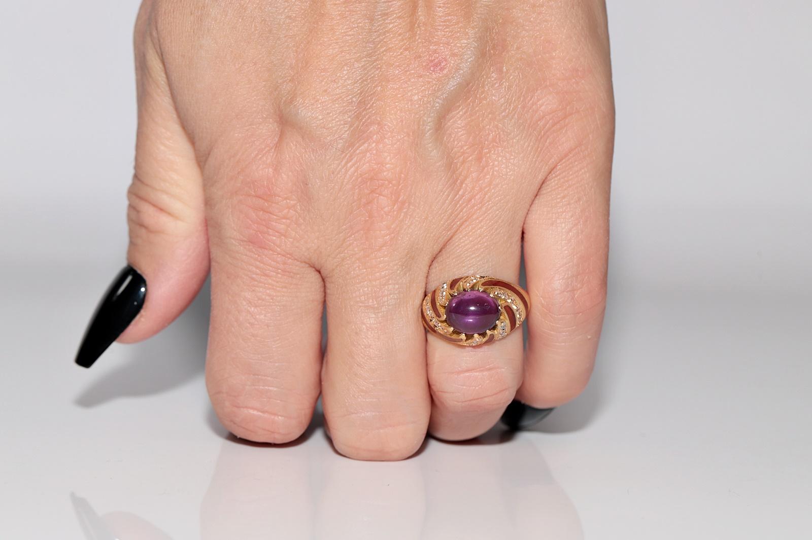 Anillo vintage de oro de 18k con diamante natural y amatista decorada con esmalte en venta 8