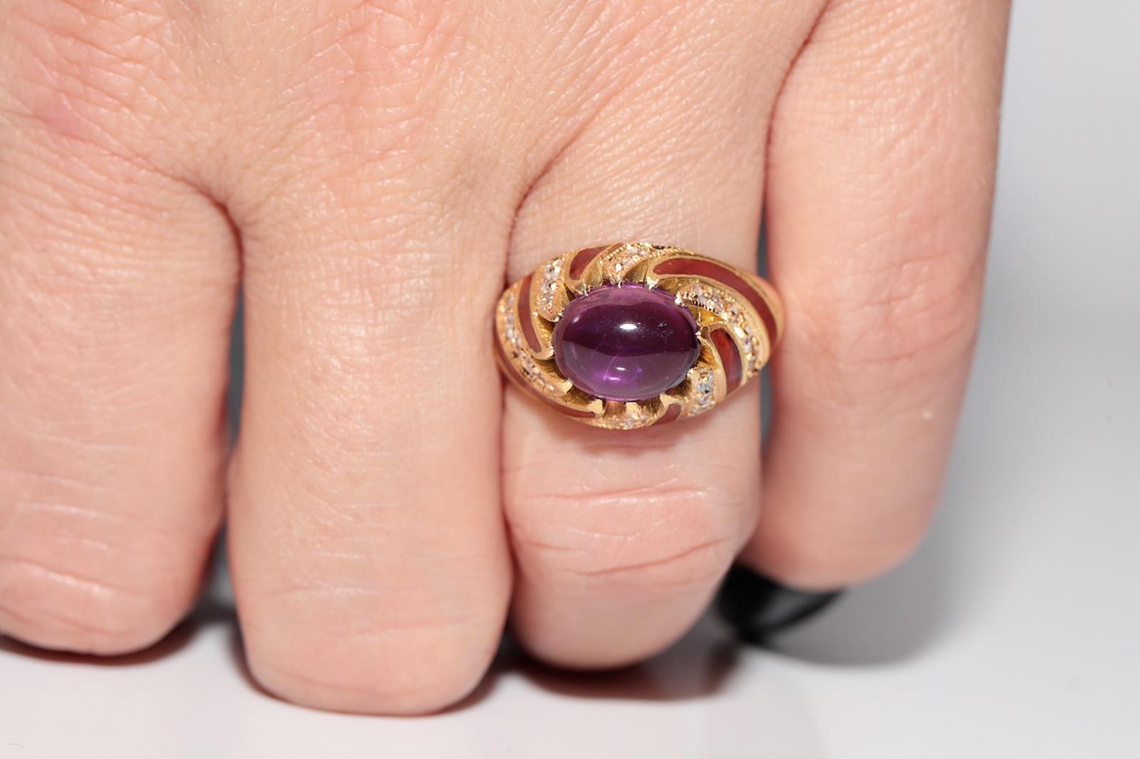 Anillo vintage de oro de 18k con diamante natural y amatista decorada con esmalte en venta 9